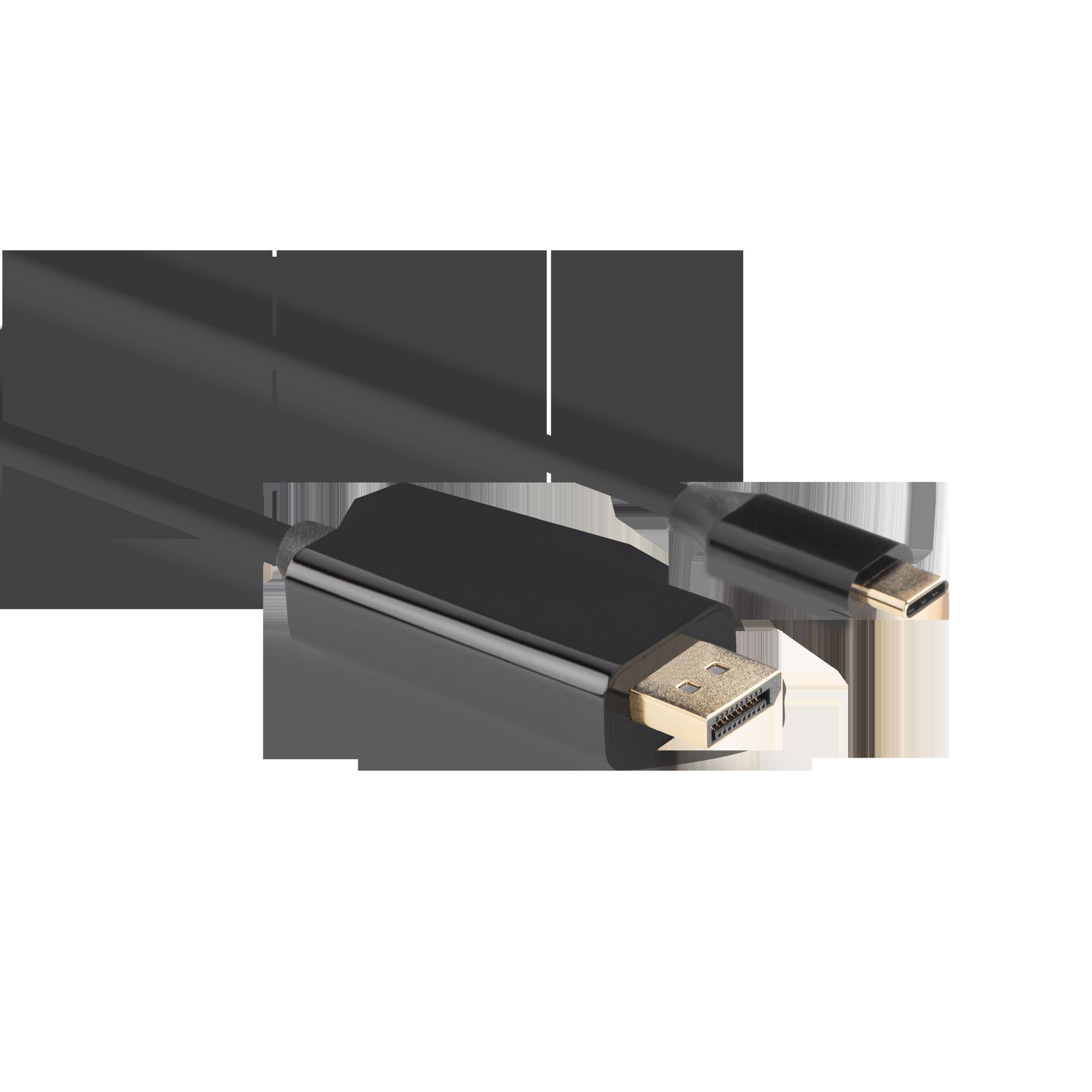 Cable de pantalla negro con conector dorado y conector USB-C sobre fondo blanco.