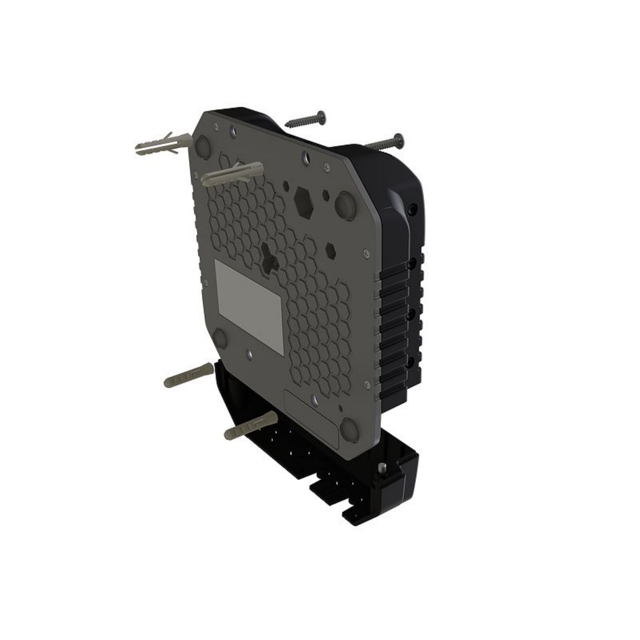 Dispositivo negro con tornillos, mostrando su parte trasera y componentes de montaje.