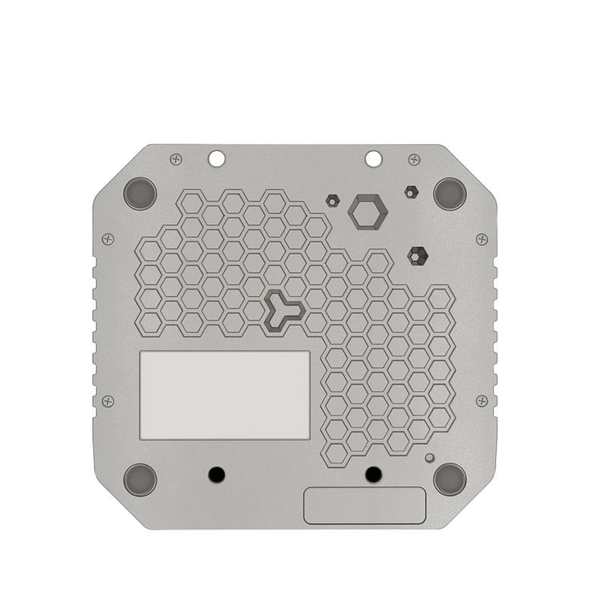 Componente metálico plateado con patrón de panal y formas geométricas. Tiene varios tornillos.
