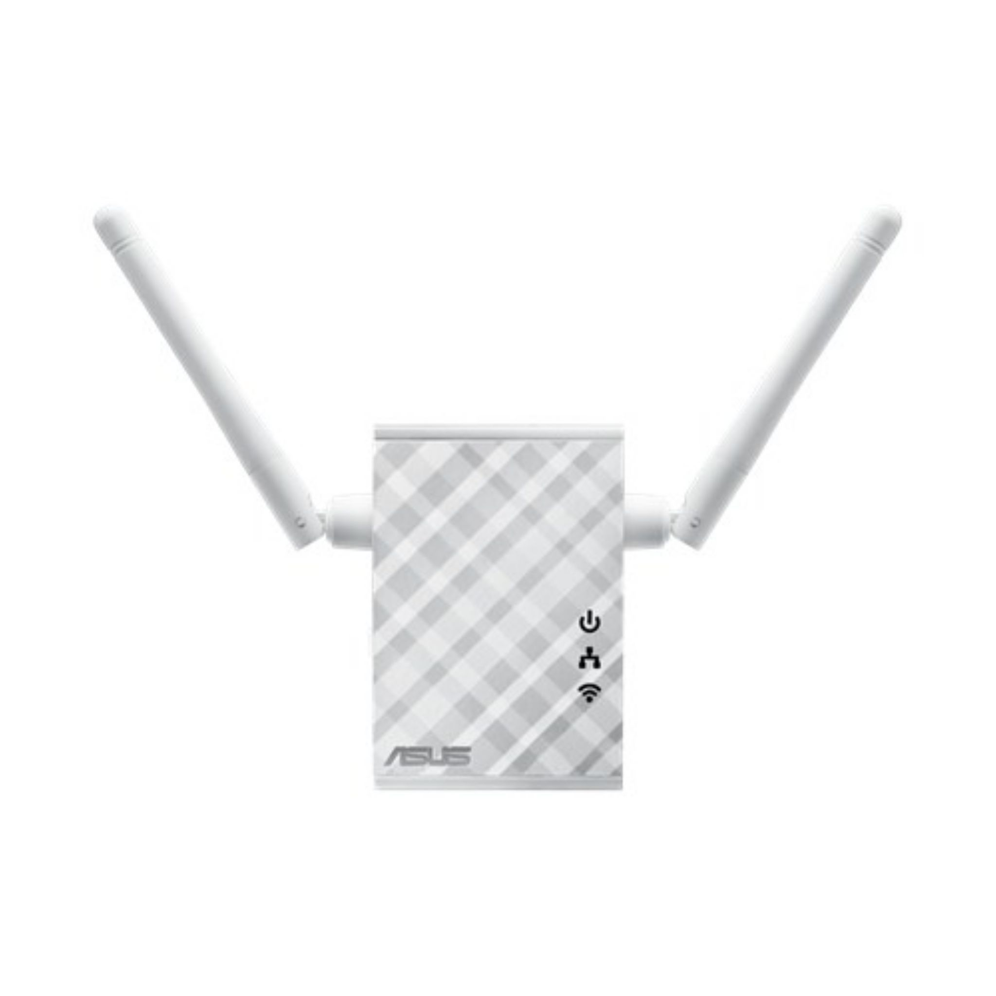 İki antenli beyaz ASUS WiFi genişletici. Ön tarafında güç, bağlantı ve WiFi simgeleri var.