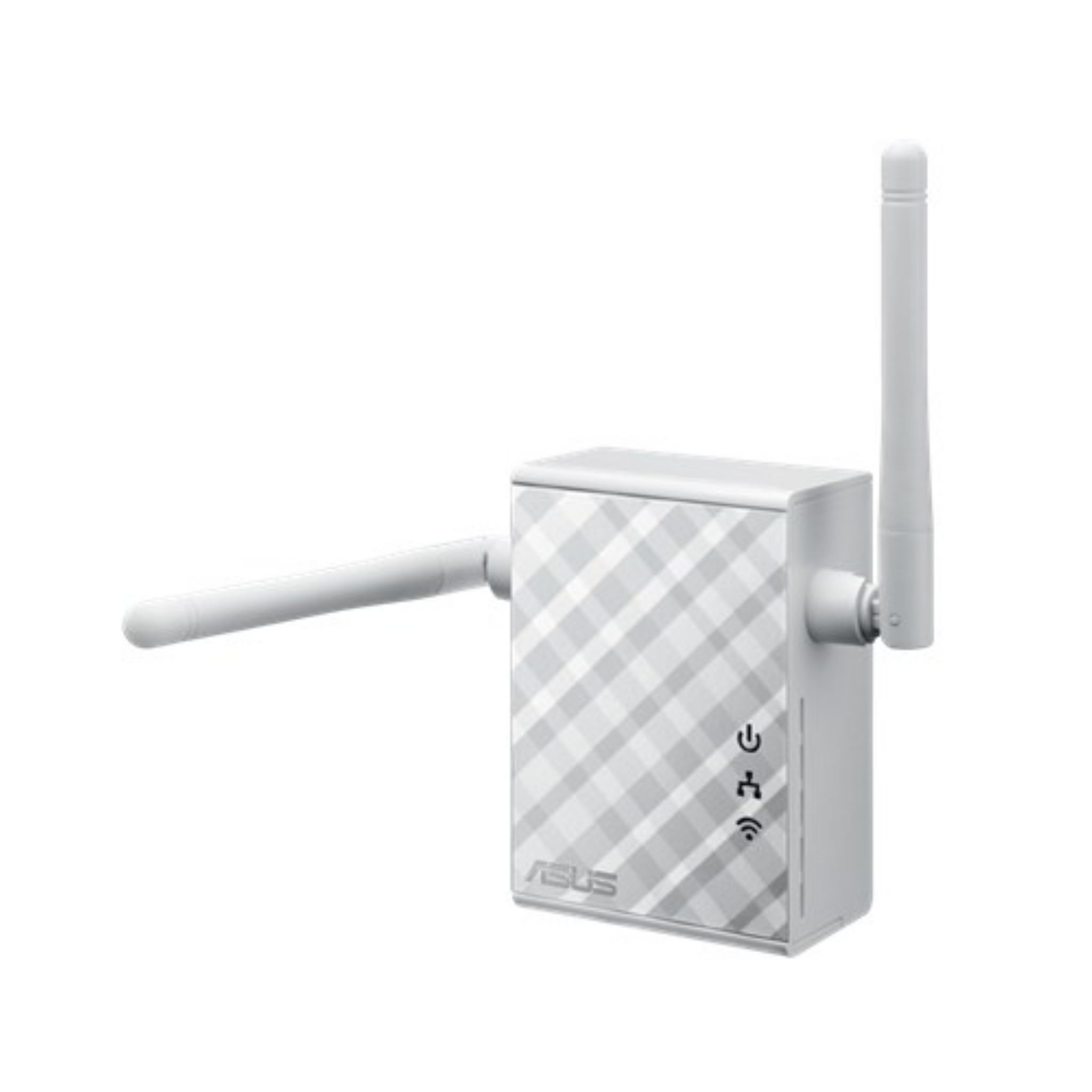 Beyaz Asus WiFi genişletici, iki antenli. Biri silindir, diğeri düz bir çubuk.