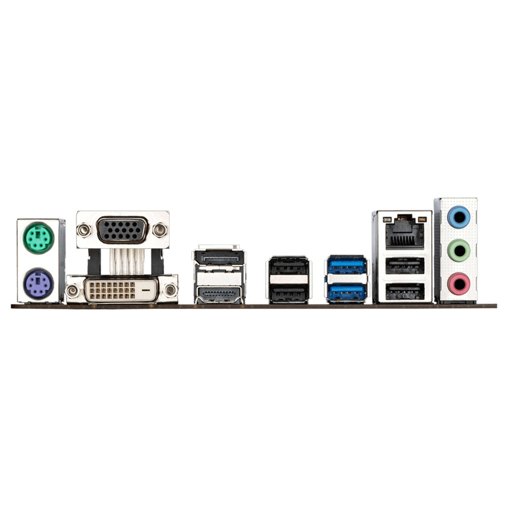 Zbliżenie na płytę główną z różnymi portami i złączami, w rzędzie.