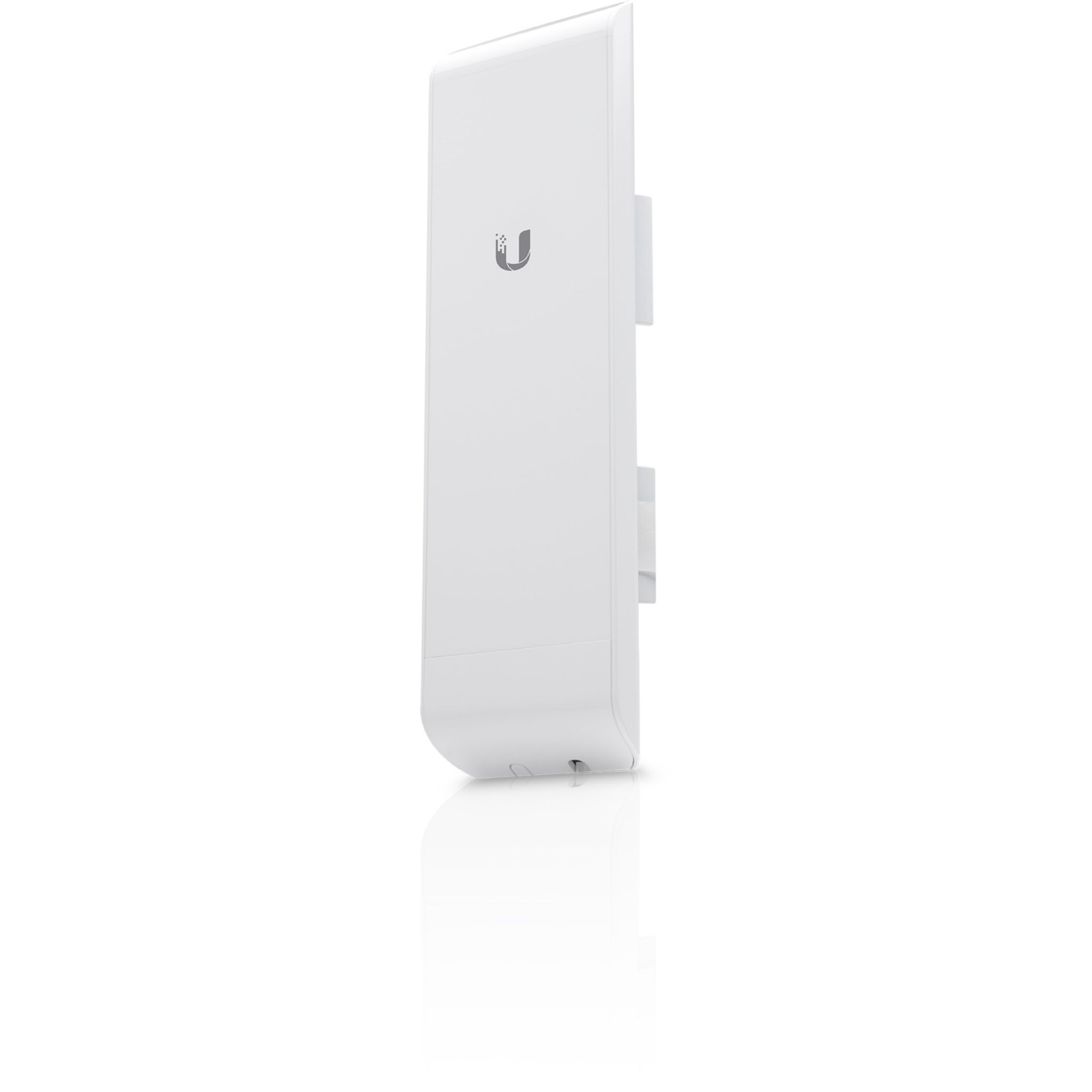 Biała antena Ubiquiti z logo firmy na białym tle.