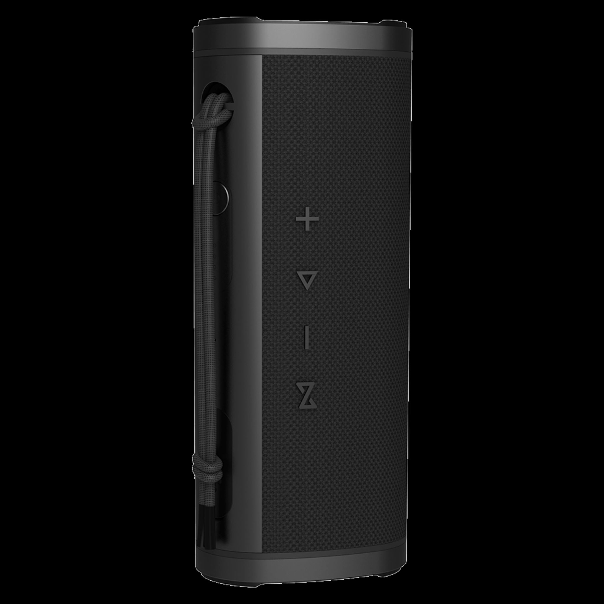 Altoparlante portatile nero con pulsanti e un cinturino. È posizionato su uno sfondo nero.