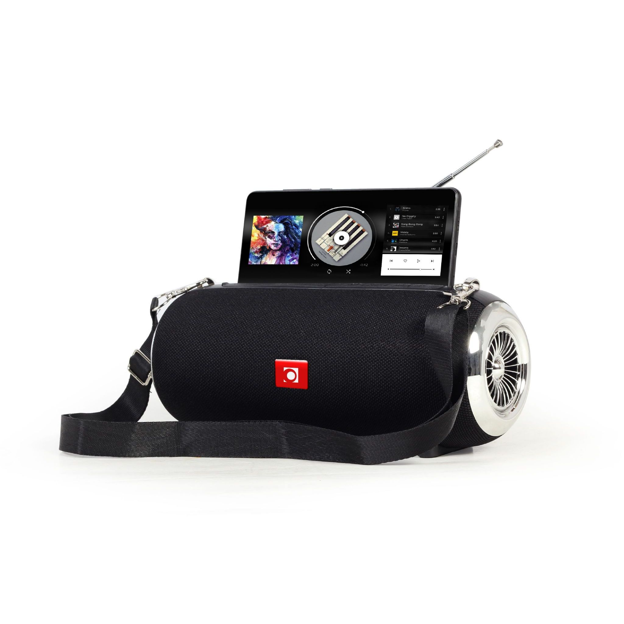 Czarny głośnik przenośny z ekranem i paskiem.