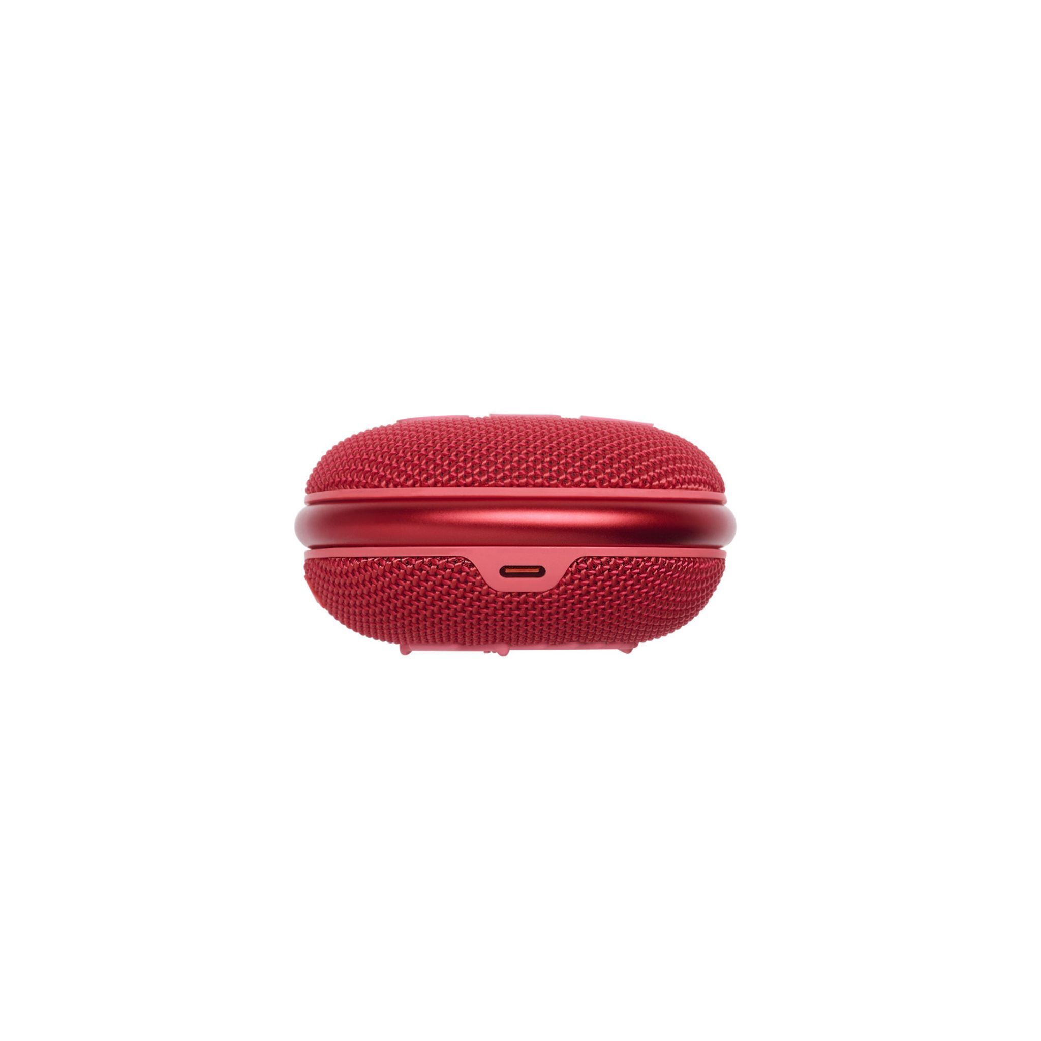 Altavoz rojo, forma ovalada, textura de malla. Tiene un pequeño puerto y un anillo metálico.
