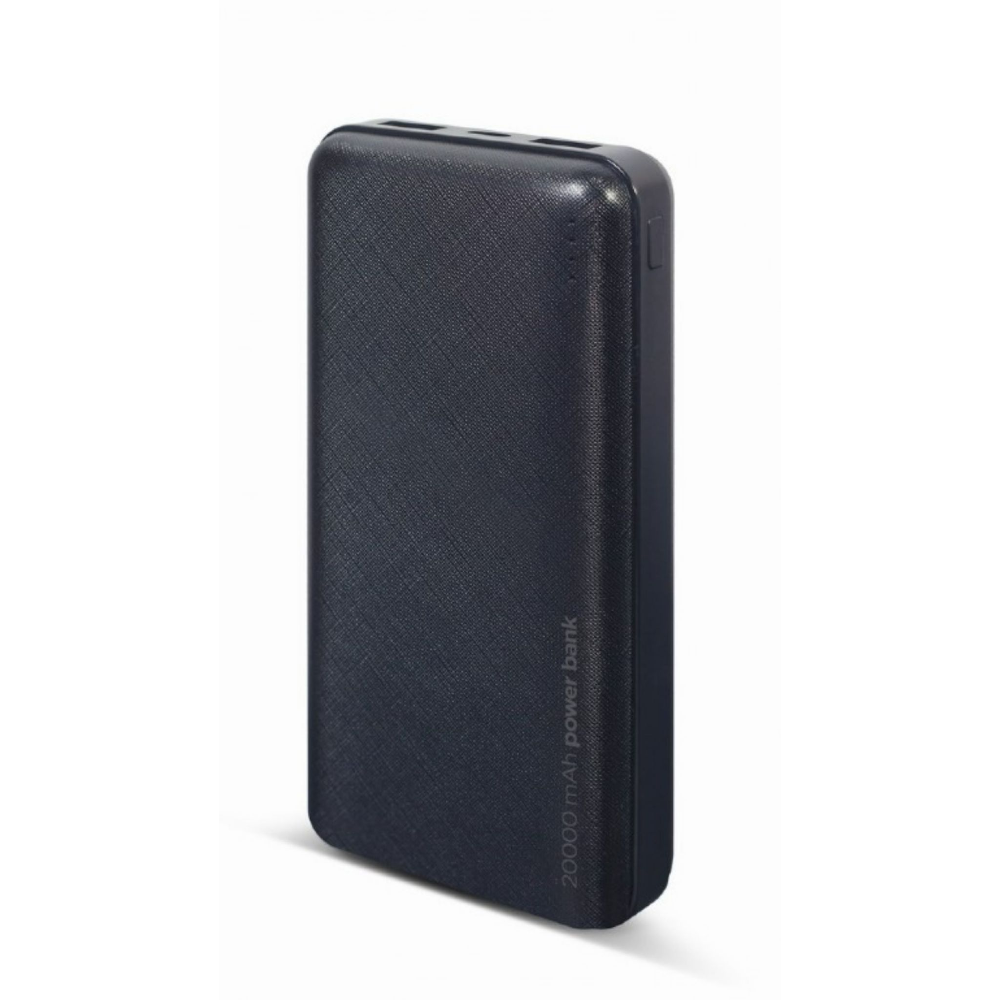 Un power bank negro con superficie texturizada.