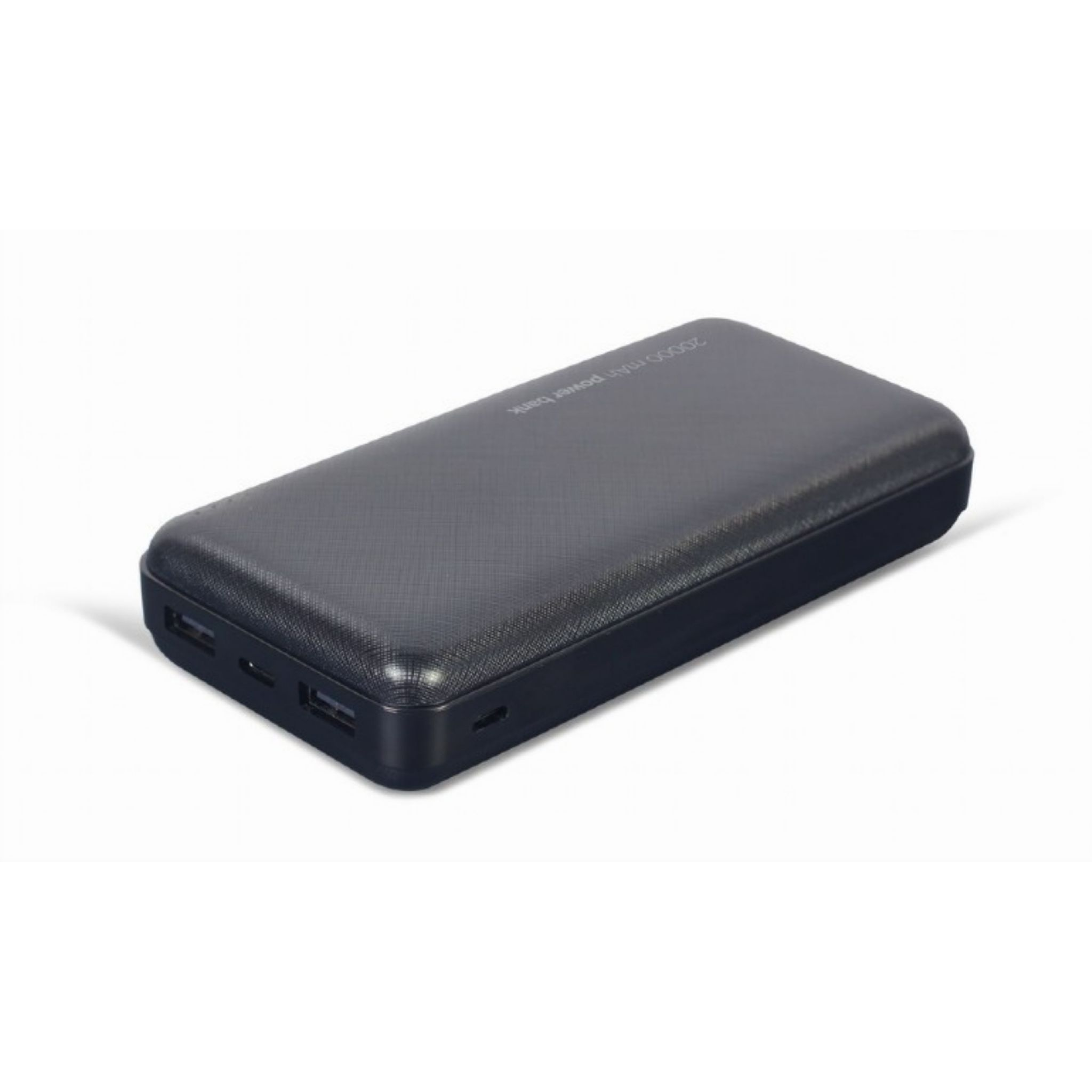 Un banco de energía negro con tres puertos USB en el lateral. La superficie tiene un patrón texturizado.