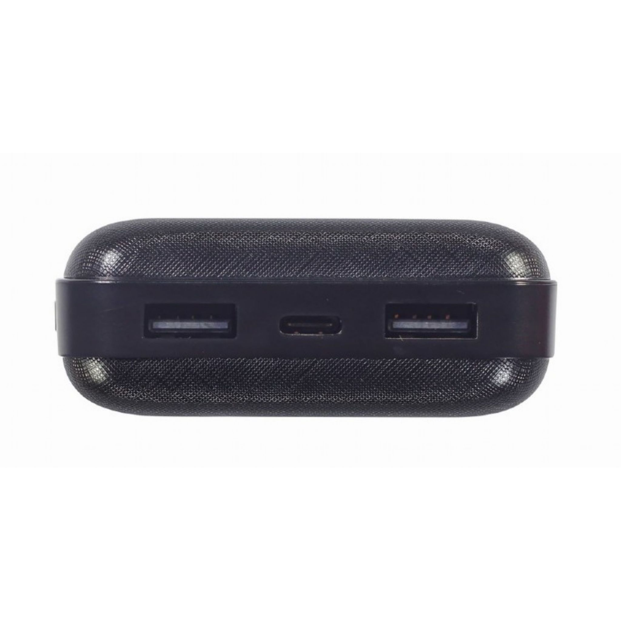 Banco de energía negro con dos puertos USB y un puerto USB-C.