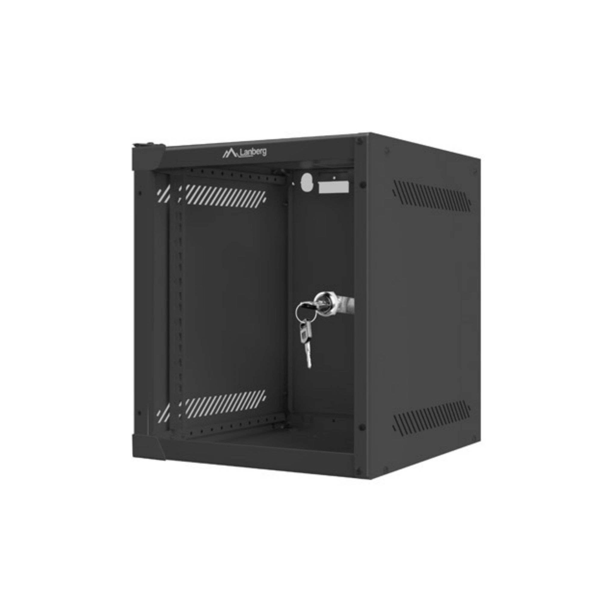 Armario rack negro con llave insertada en la cerradura.