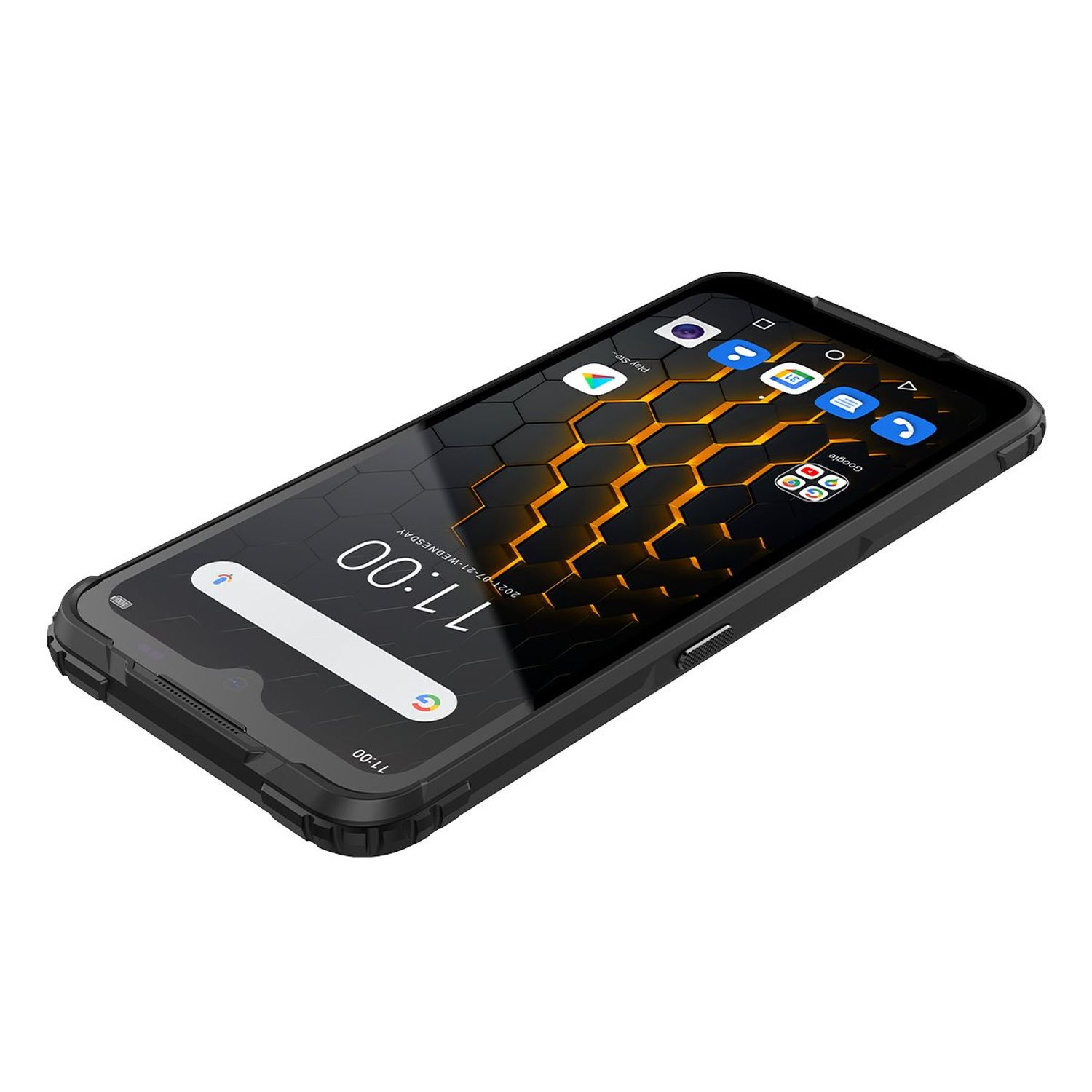 Schwarzes Telefon mit wabenförmigem Bildschirm, der Zeit und Symbole anzeigt, auf weißem Hintergrund.