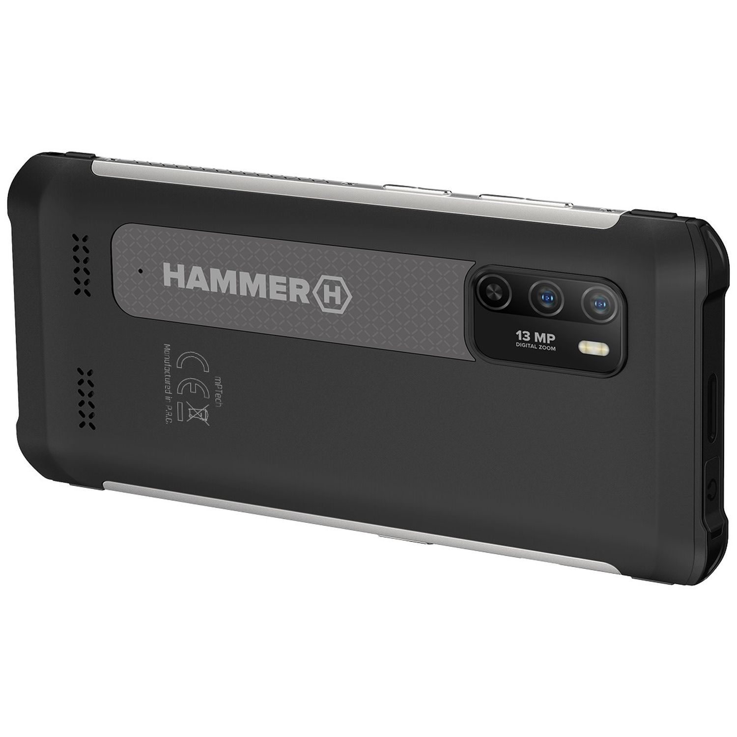 Rückseite eines schwarzen Hammer-Marken-Telefons mit Kamera und den Worten '13 MP Digital Zoom'.