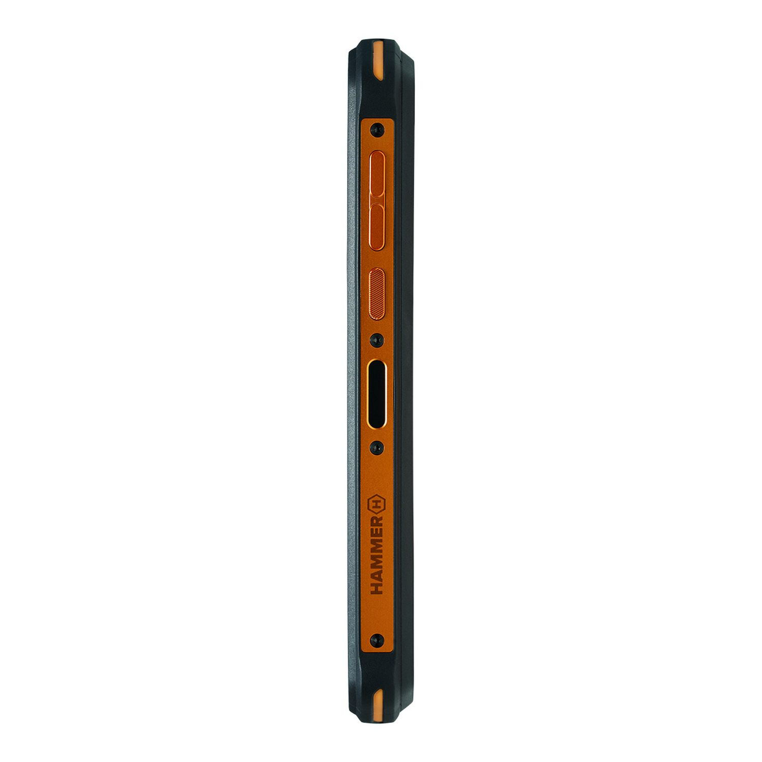 Seitenansicht eines schwarzen und orangenen robusten Telefons mit Knöpfen rechts.