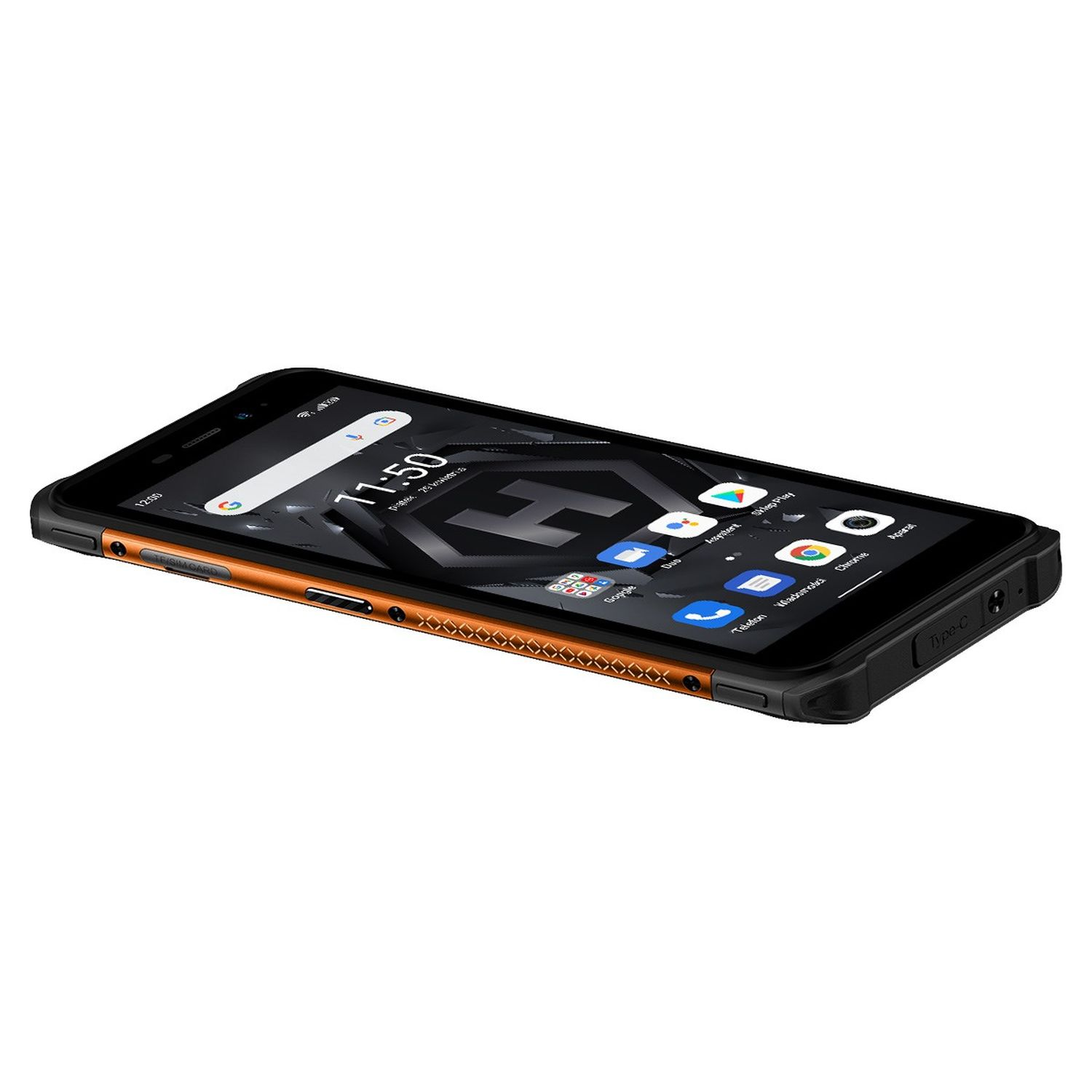 Schwarzes und oranges robustes Smartphone. Der Bildschirm zeigt die Uhrzeit 11:50 an.