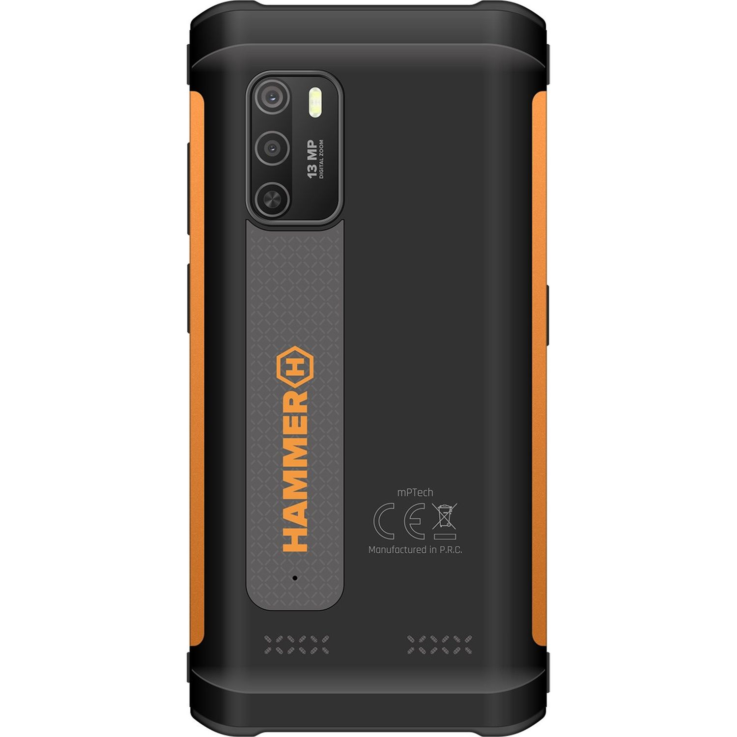Schwarz-oranges Smartphone. Es hat drei Kameras und das Hammer-Logo. Die Rückseite ist sichtbar.