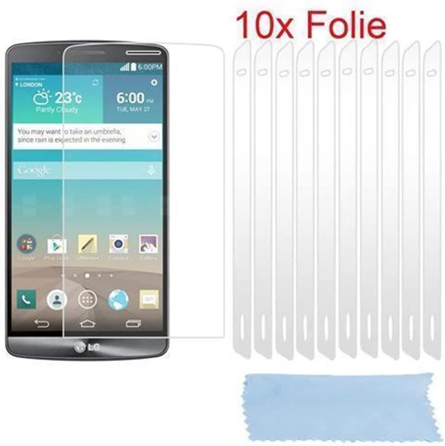 Un teléfono con protector de pantalla y un conjunto de protectores de pantalla a la derecha.