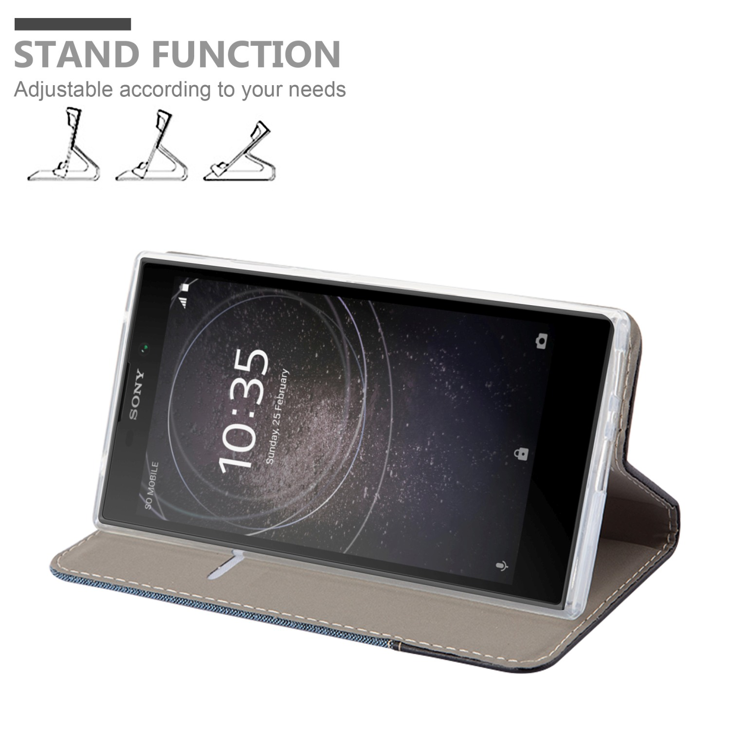 Ein Telefon in einer Hülle, das den Bildschirm mit Zeitanzeige und eine Standfunktion zeigt.