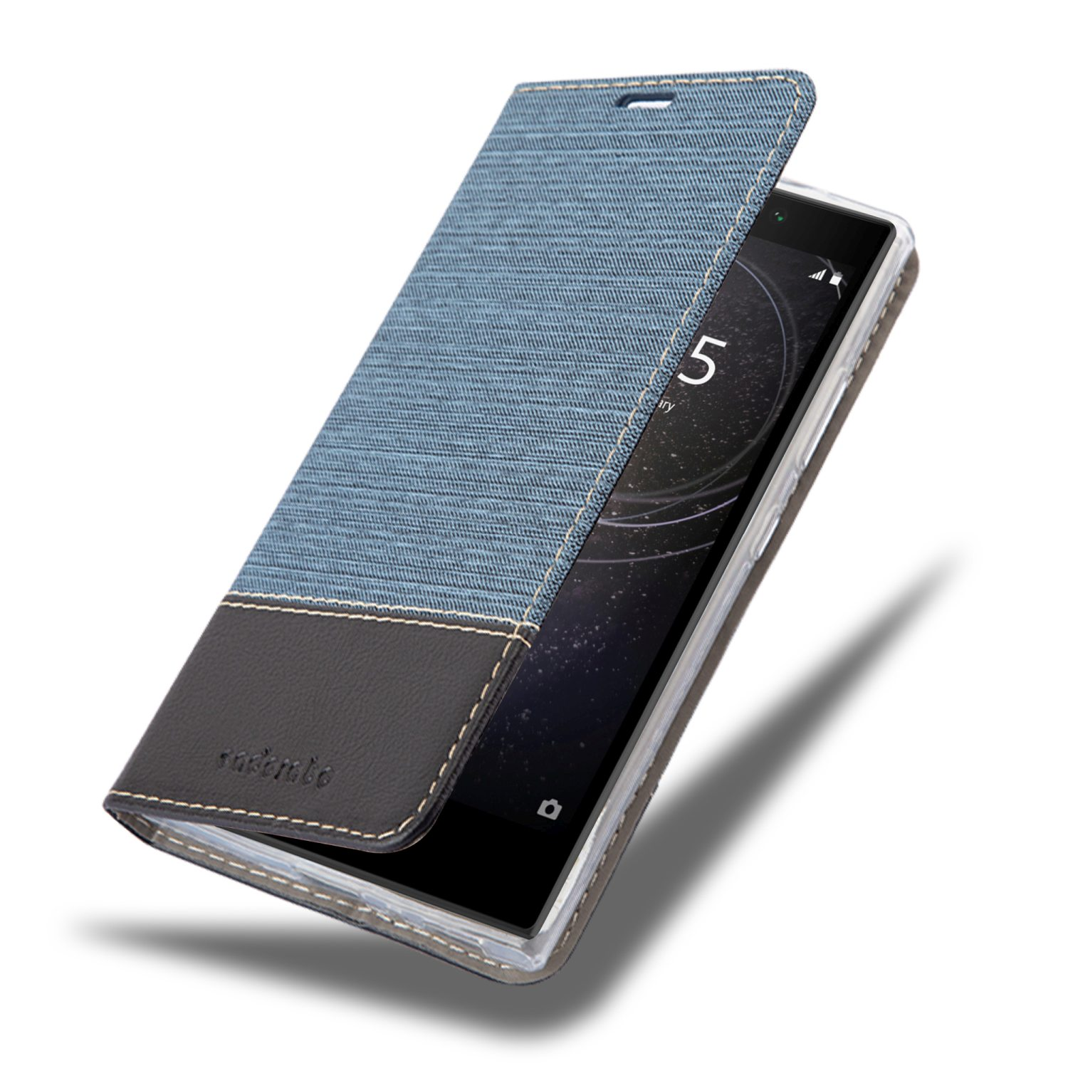 Jeans- und schwarze Handyhülle, offen. Zeigt einen Telefonbildschirm. Die Hülle liegt auf einer Oberfläche.