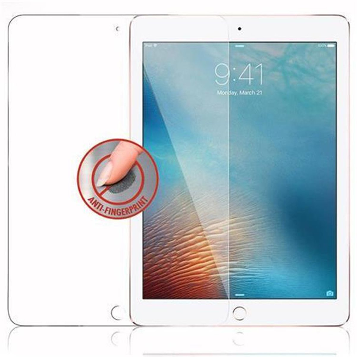 iPad con protezione schermo. Il dito tocca lo schermo. Logo anti-impronte.