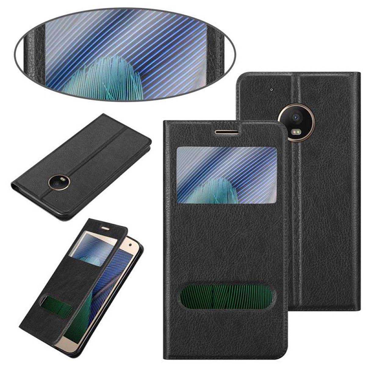 Schwarze Handyhülle mit Telefon, verschiedene Winkel, kreisförmige Kameraaussparung.