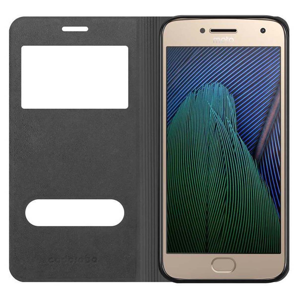Goldenes Smartphone in schwarzer Hülle. Telefon rechts, Hülle links, offen. Schwarzer Hintergrund.