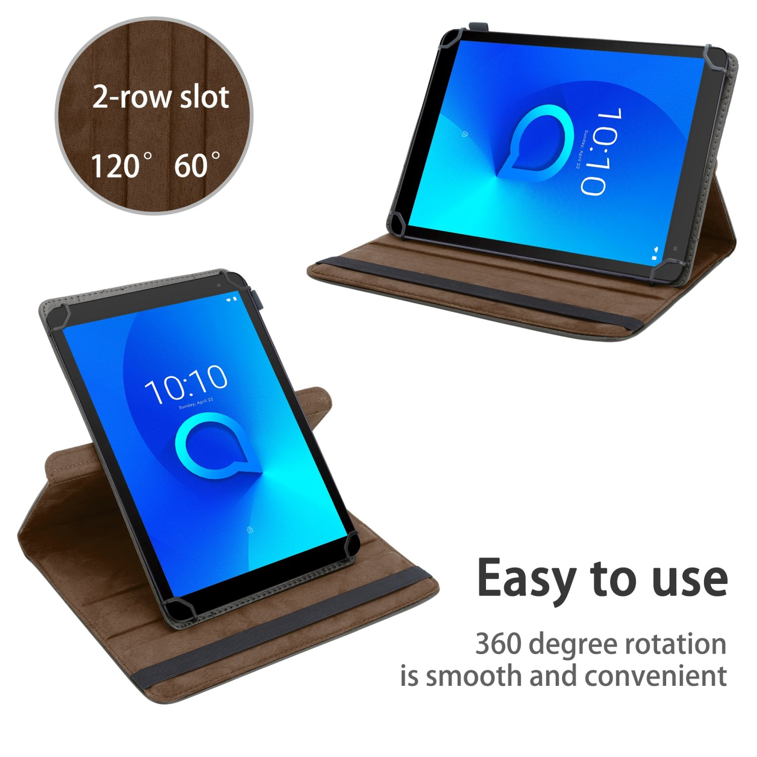 Tablet in brauner Hülle, geöffnet und Bildschirm zeigend, mit Text „Easy to use“.