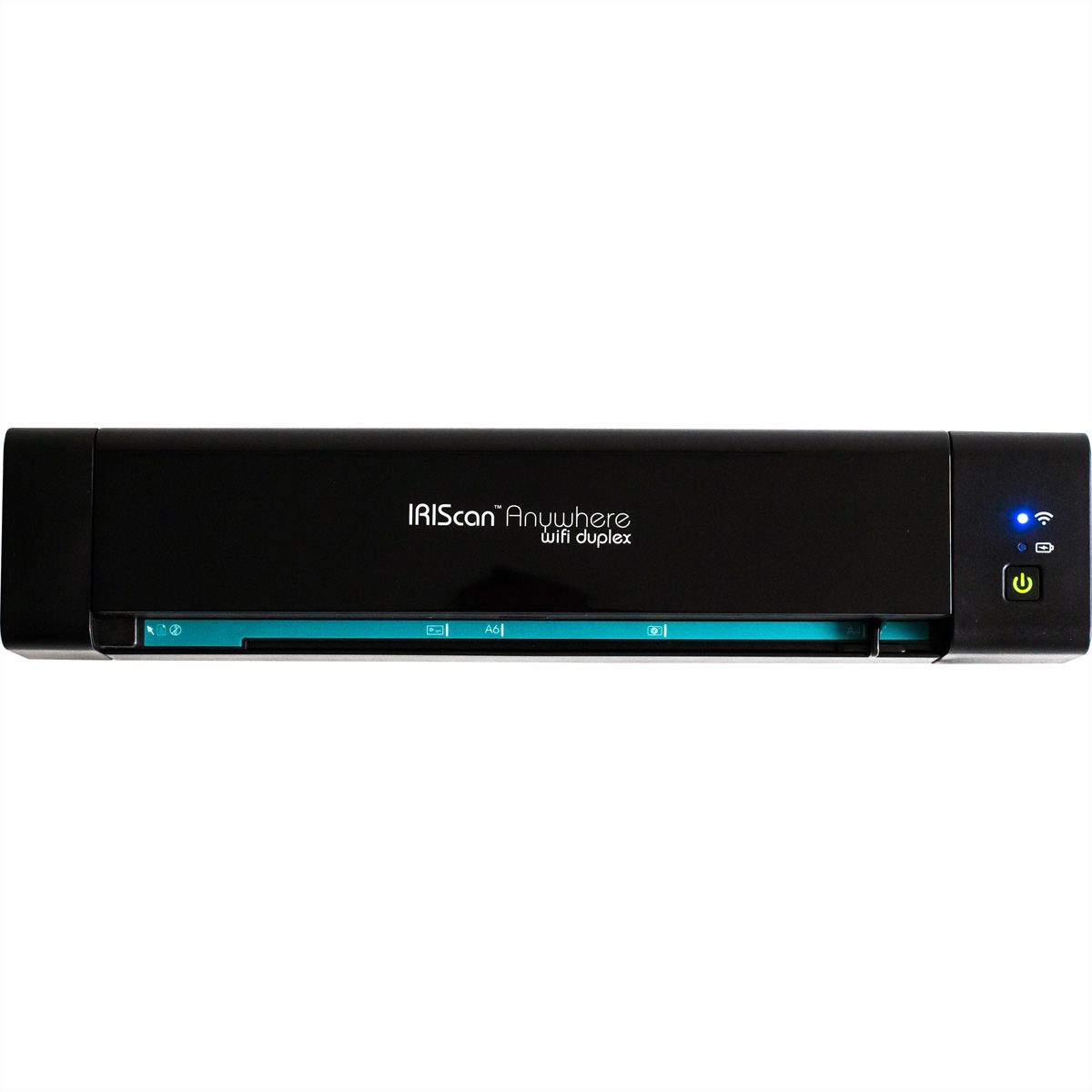 Zwarte IRIScan duplex scanner, wifi ingeschakeld. Heeft een stroom- en wifi-indicatorlampje.