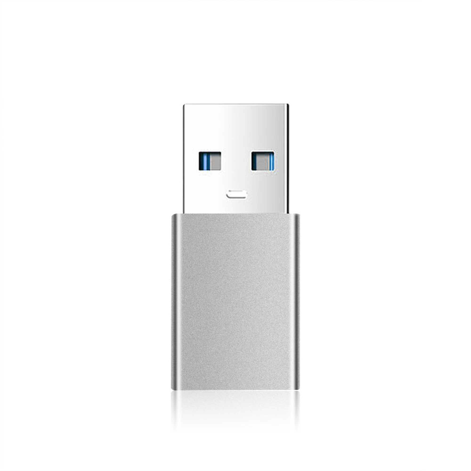Silberner USB-Stick mit blauen Akzenten auf weißem Hintergrund.