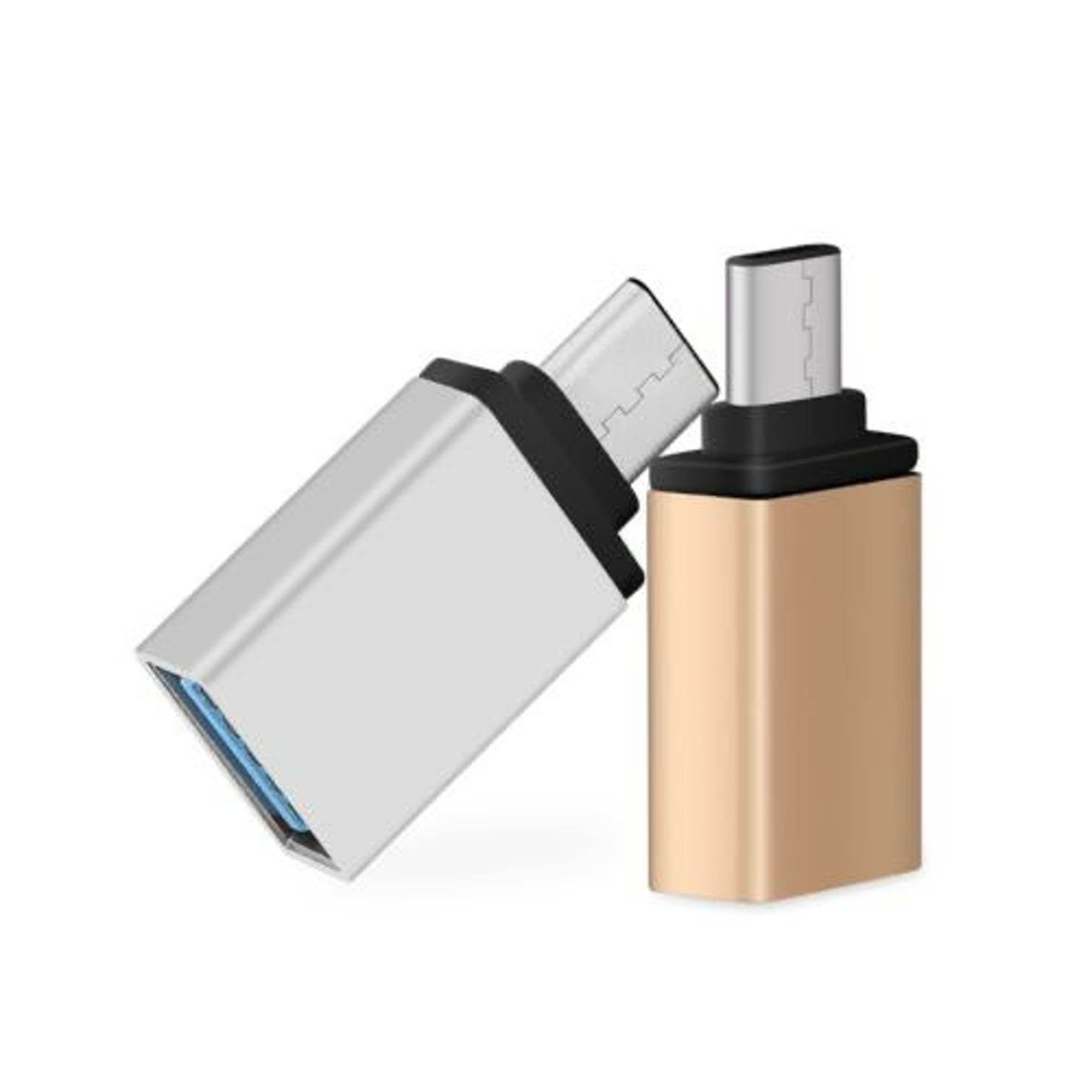 Zwei USB-Adapter, einer silberfarben und einer goldfarben, mit weißem Hintergrund.