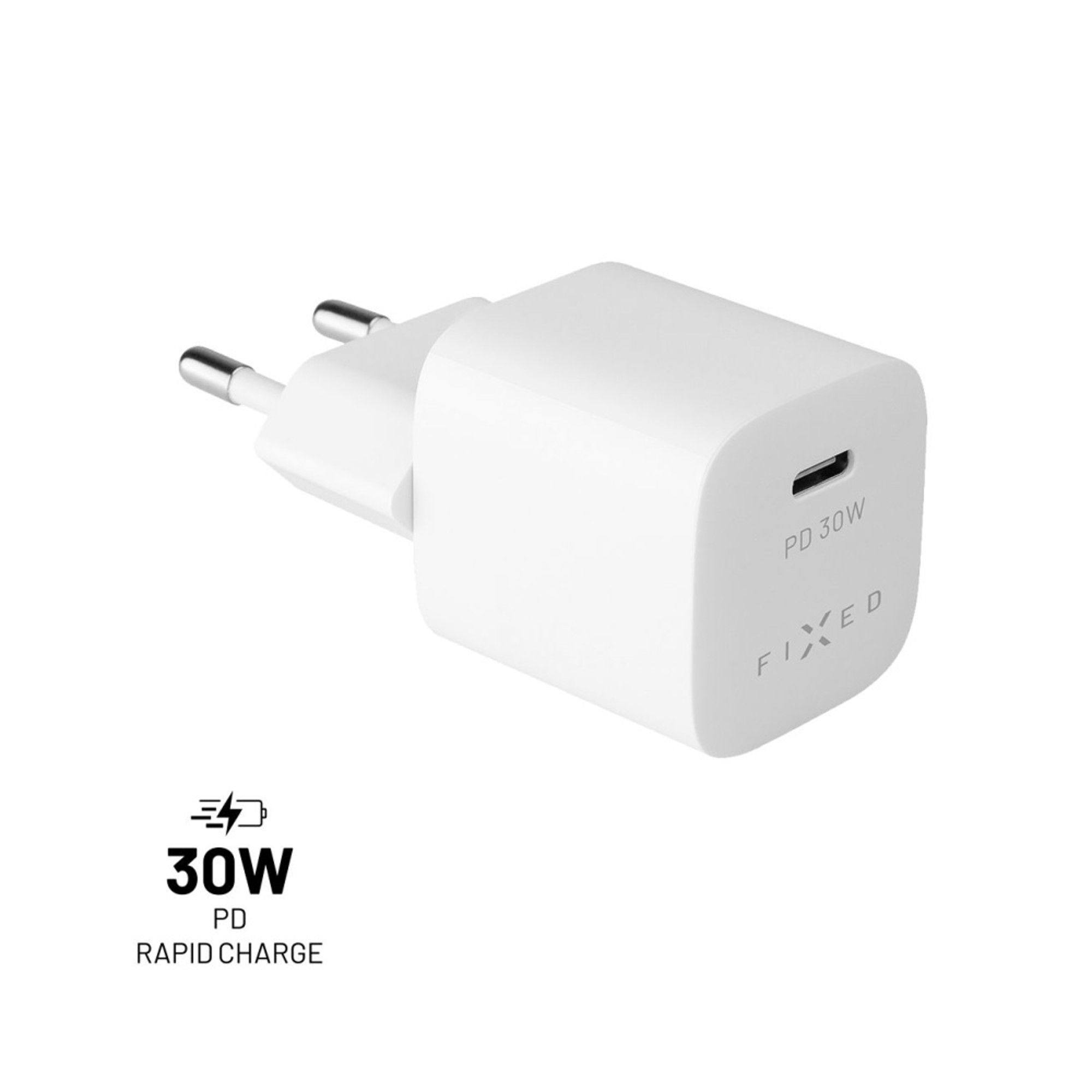 Weißes, kompaktes Ladegerät mit zwei Stiften. Es hat einen USB-C-Anschluss und PD 30W aufgedruckt.