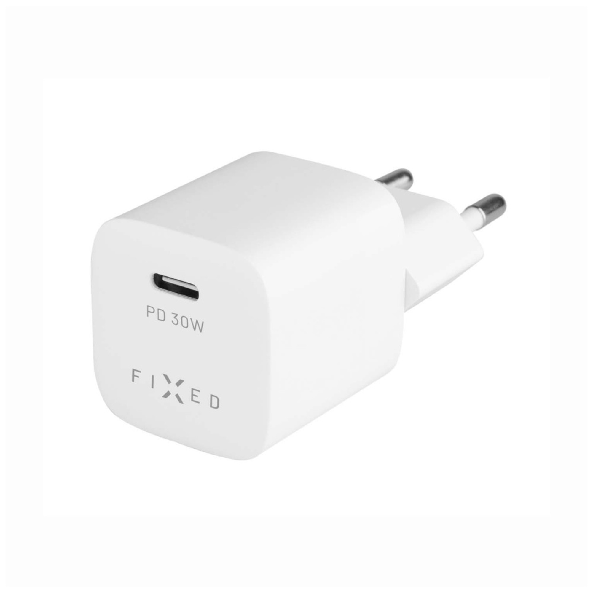 Ein weißes Ladegerät mit dem Wort 'FIXED' und 'PD 30W'.