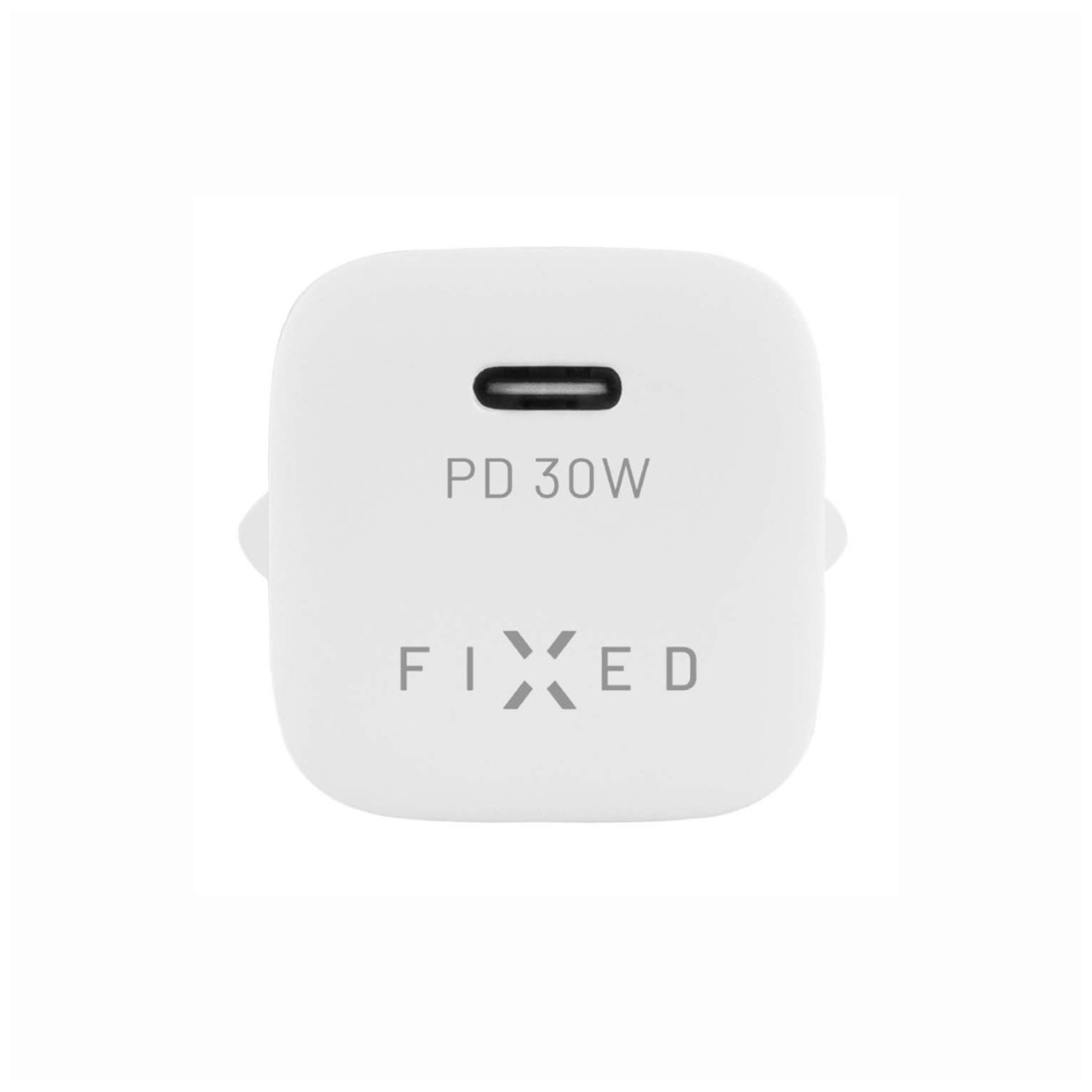 Ein weißer Netzadapter mit der Aufschrift 'PD 30W' und 'FIXED'.