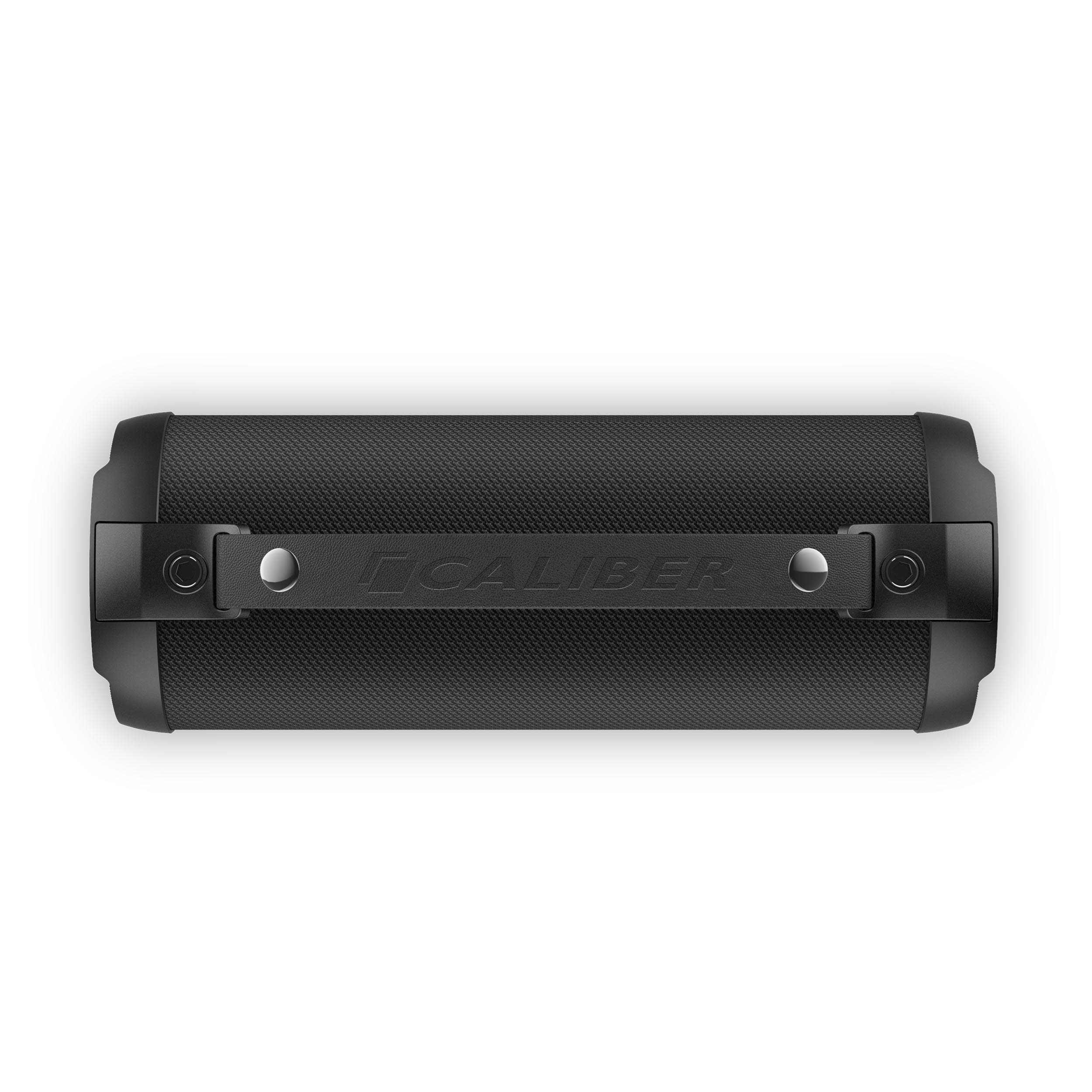 Schwarzer, zylindrischer Lautsprecher mit schwarzem Griff, Markenname CALIBER sichtbar.