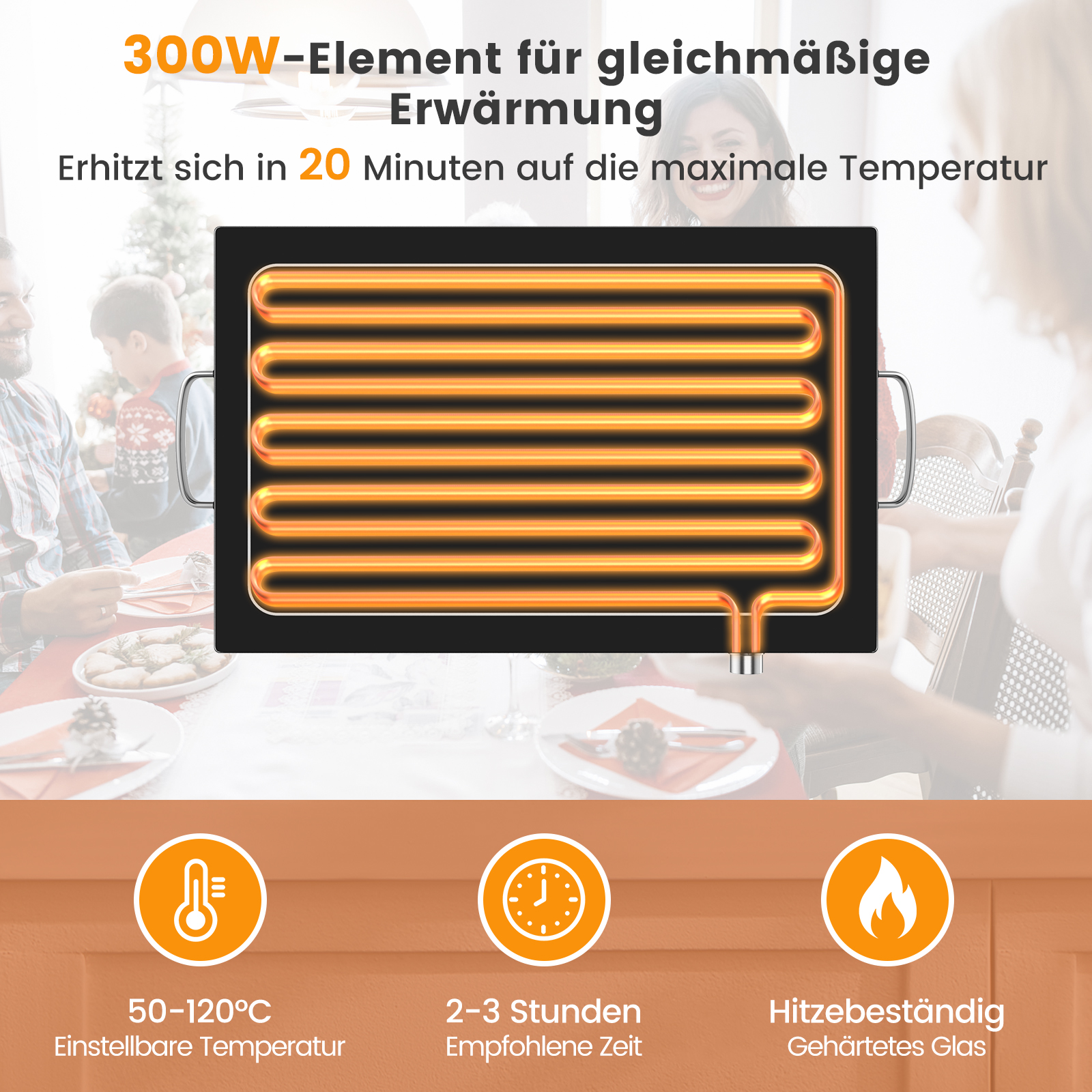 Schwarzes Heizelement mit Text und Symbolen zu Temperatur und Zeit auf weißem Tisch.