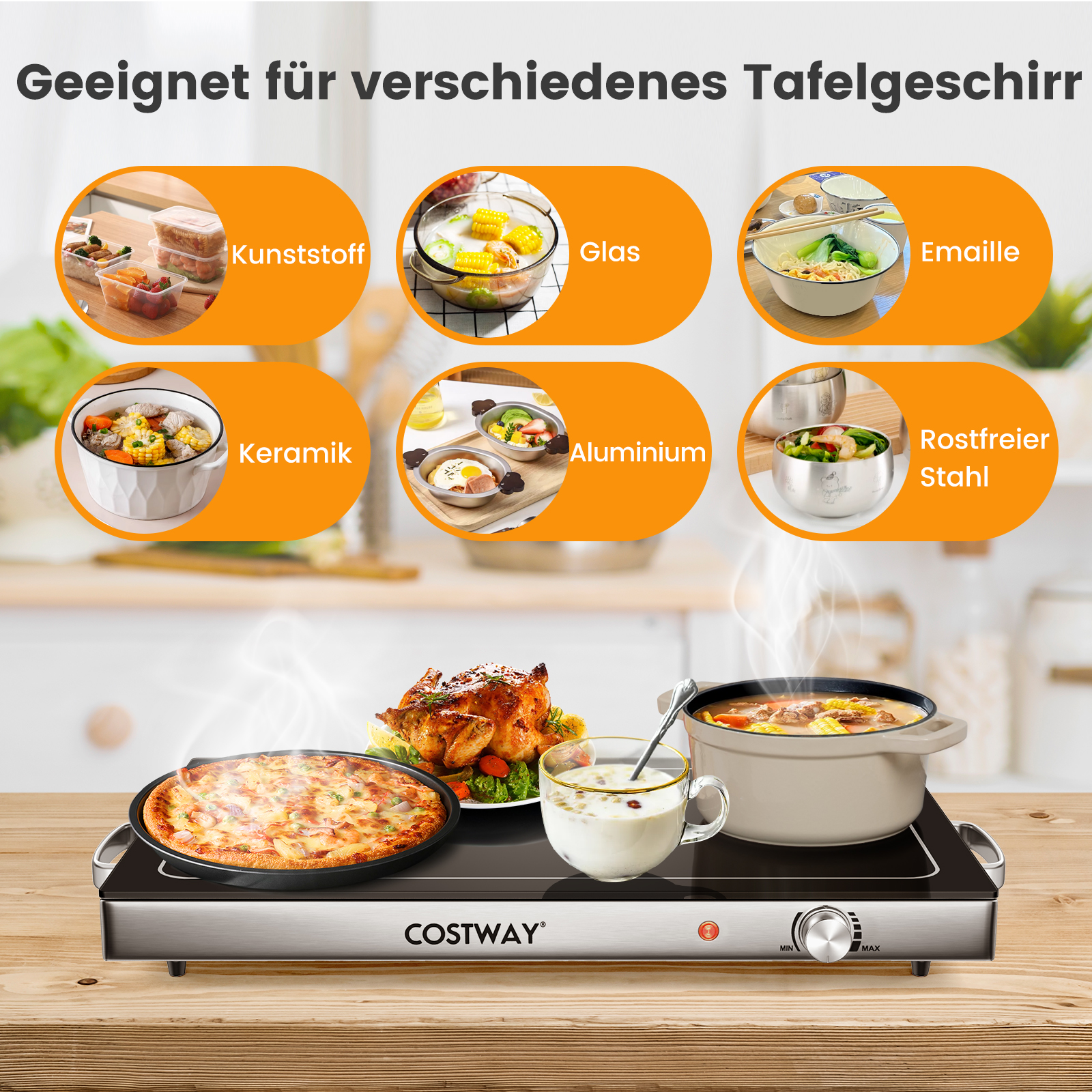 Elektrischer Tischherd mit verschiedenen Lebensmitteln und Kochutensilien auf einer Holzoberfläche.