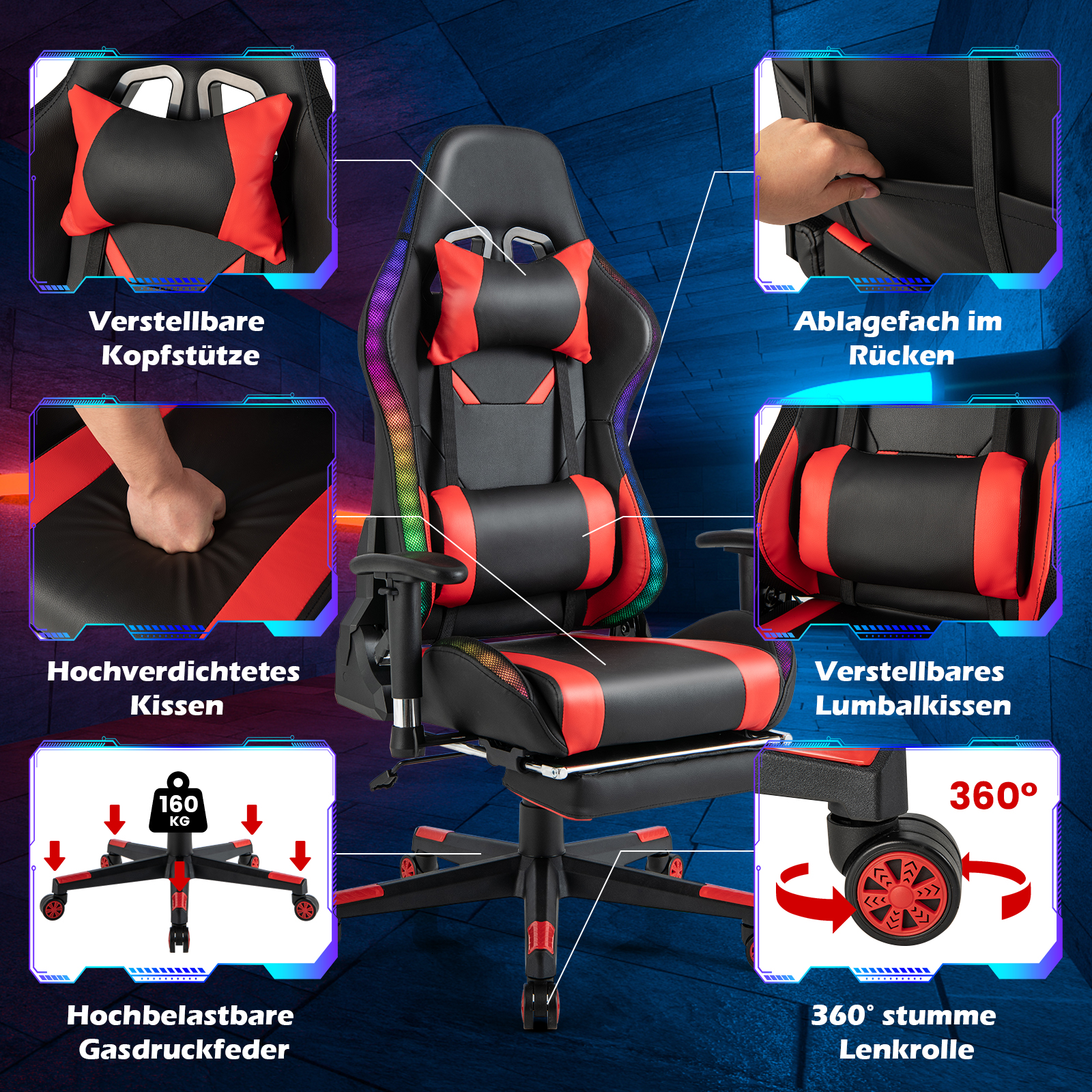 Schwarzer und roter Gaming-Stuhl mit Kopfstütze, Lendenkissen, Armlehnen und Rädern.