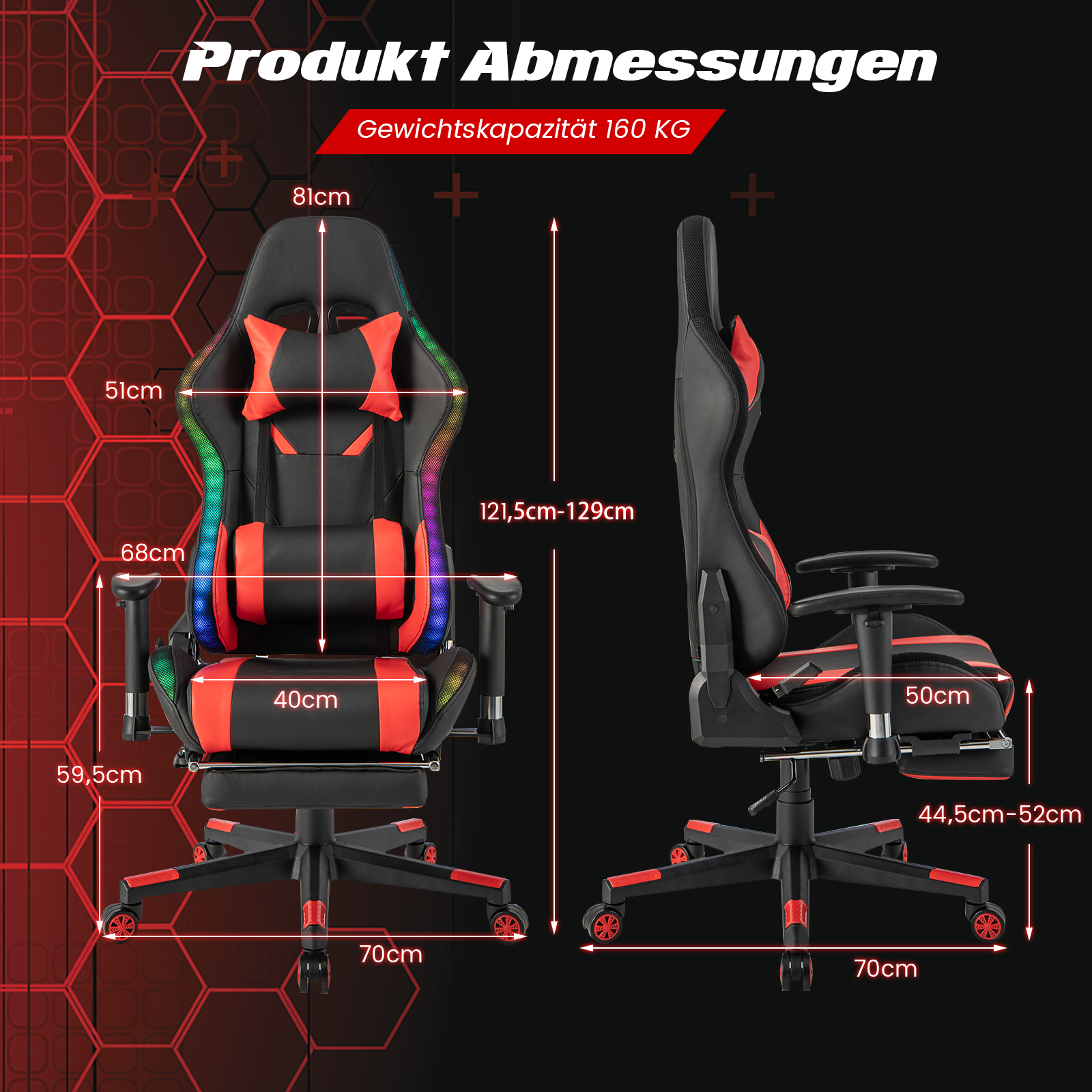 Ein Gaming-Stuhl mit rotem und schwarzem Design, mit Maßangaben, vor rotem Hintergrund.