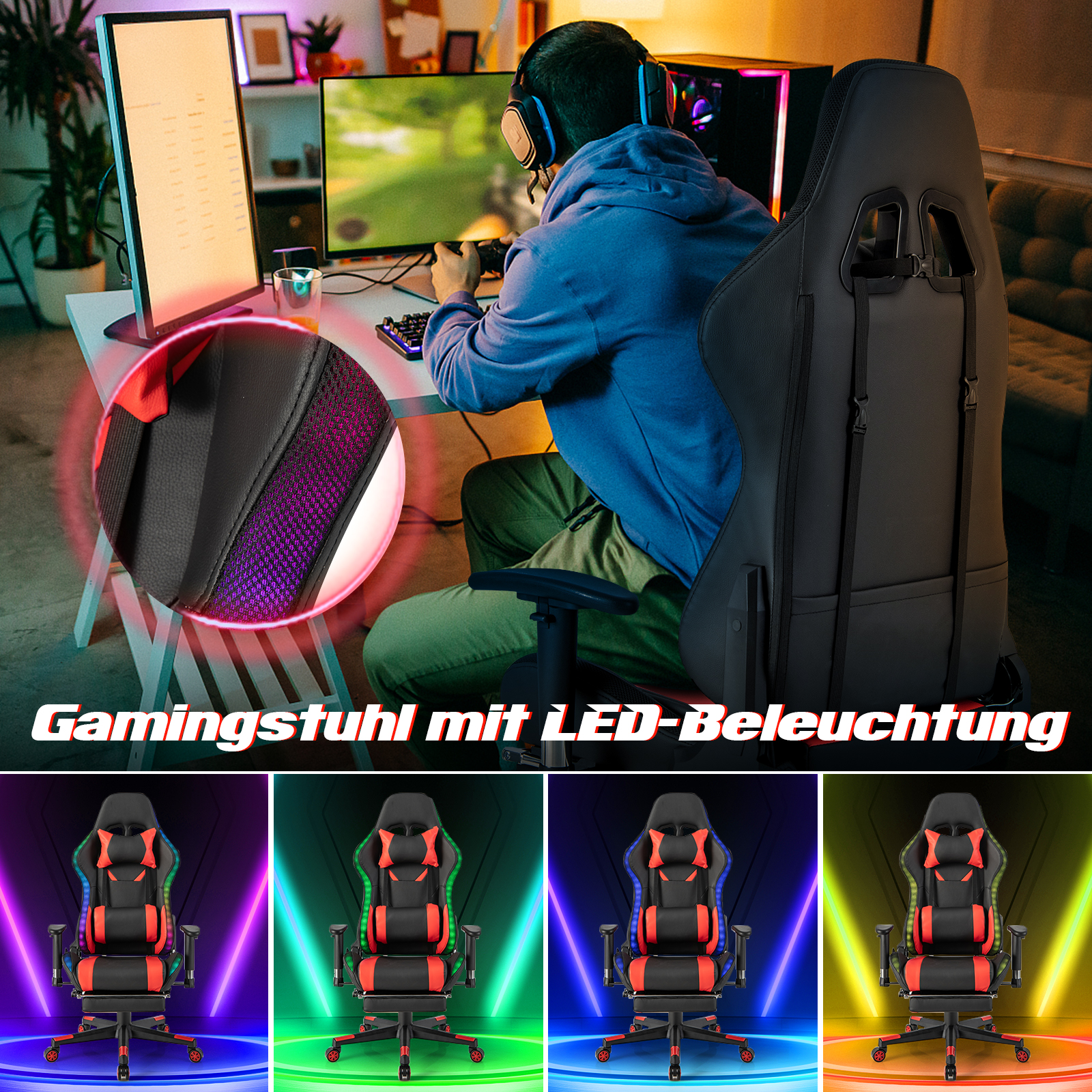Gamer in Gaming-Stuhl, bunte LED-Leuchten und Monitore.