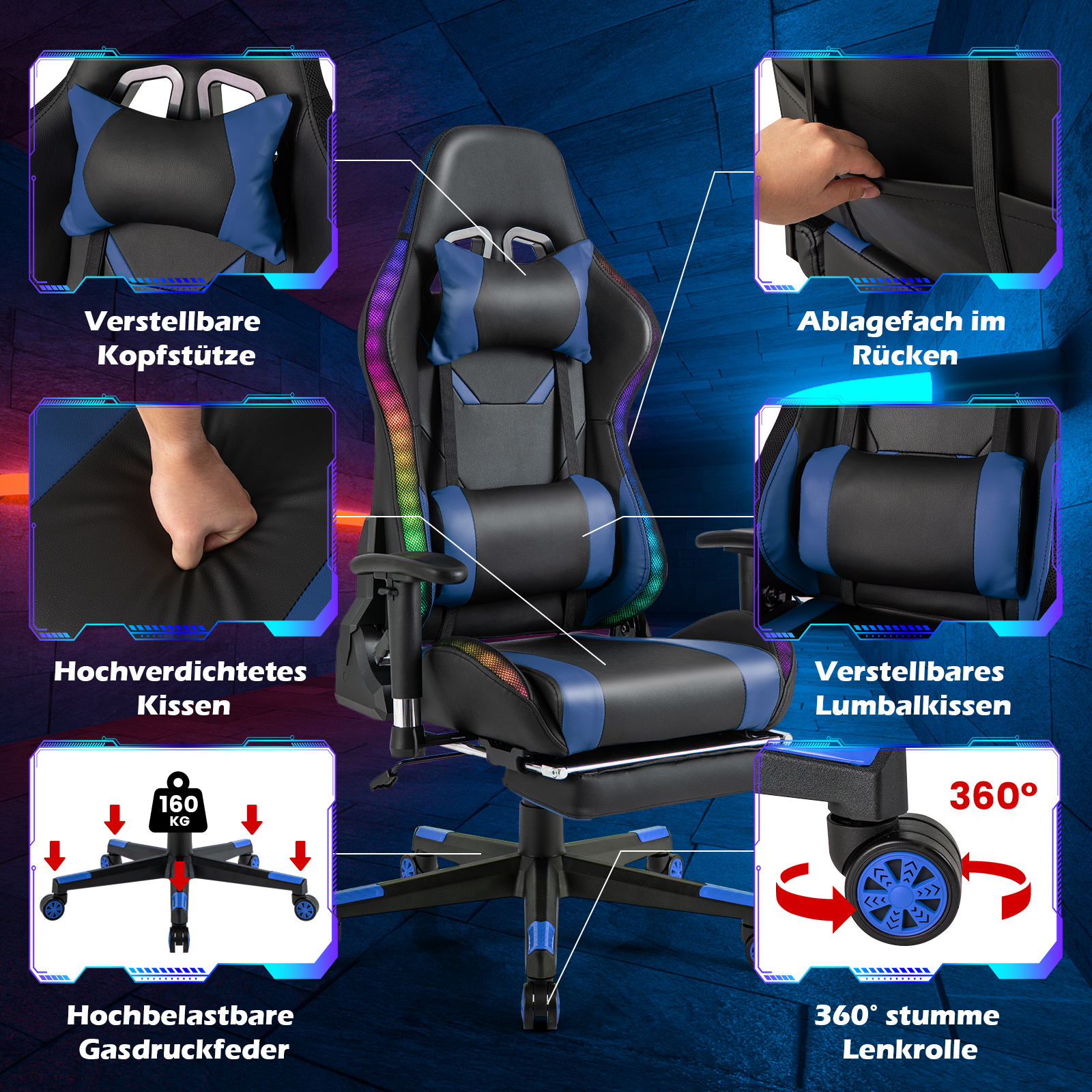 Ein Gaming-Stuhl mit hervorgehobenen Merkmalen. Er ist schwarz, blau und hat LED-Leuchten.
