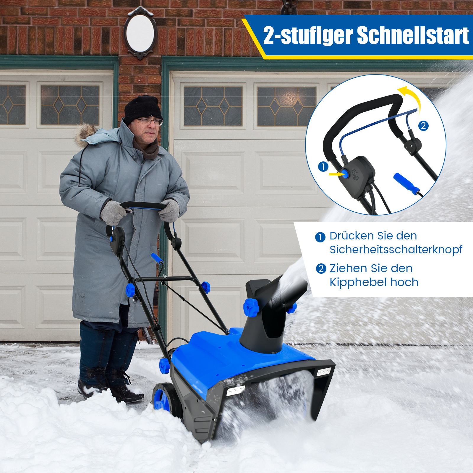 Mann benutzt Schneefräse, blau-schwarze Maschine. Schneebedeckter Boden, Backsteinhaus und Garage im Hintergrund.