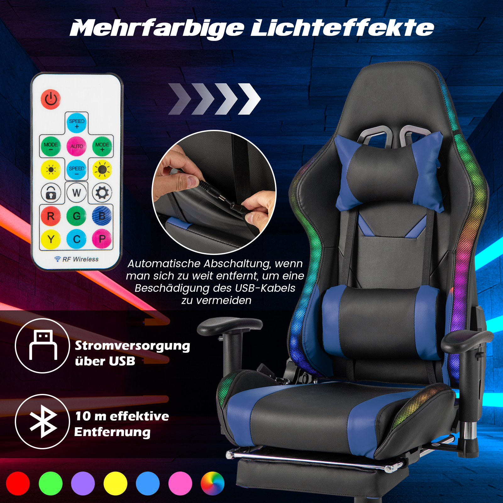 Ein Gaming-Stuhl mit mehrfarbigen Lichteffekten und Fernbedienung. Text: Stromversorgung über USB.