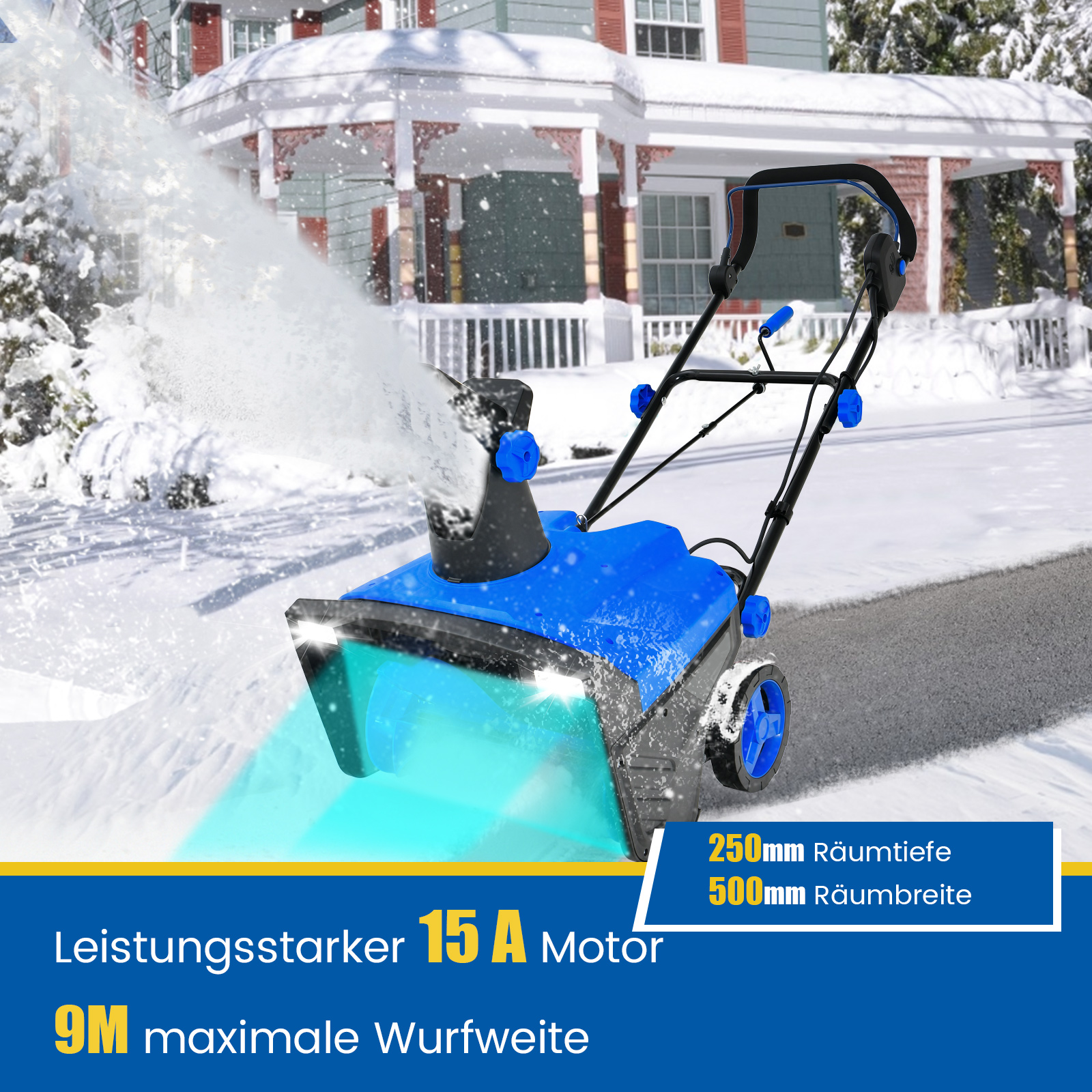Schneefräse beim Schneeräumen, mit Text zur Motorleistung und Schneeräumkapazität.
