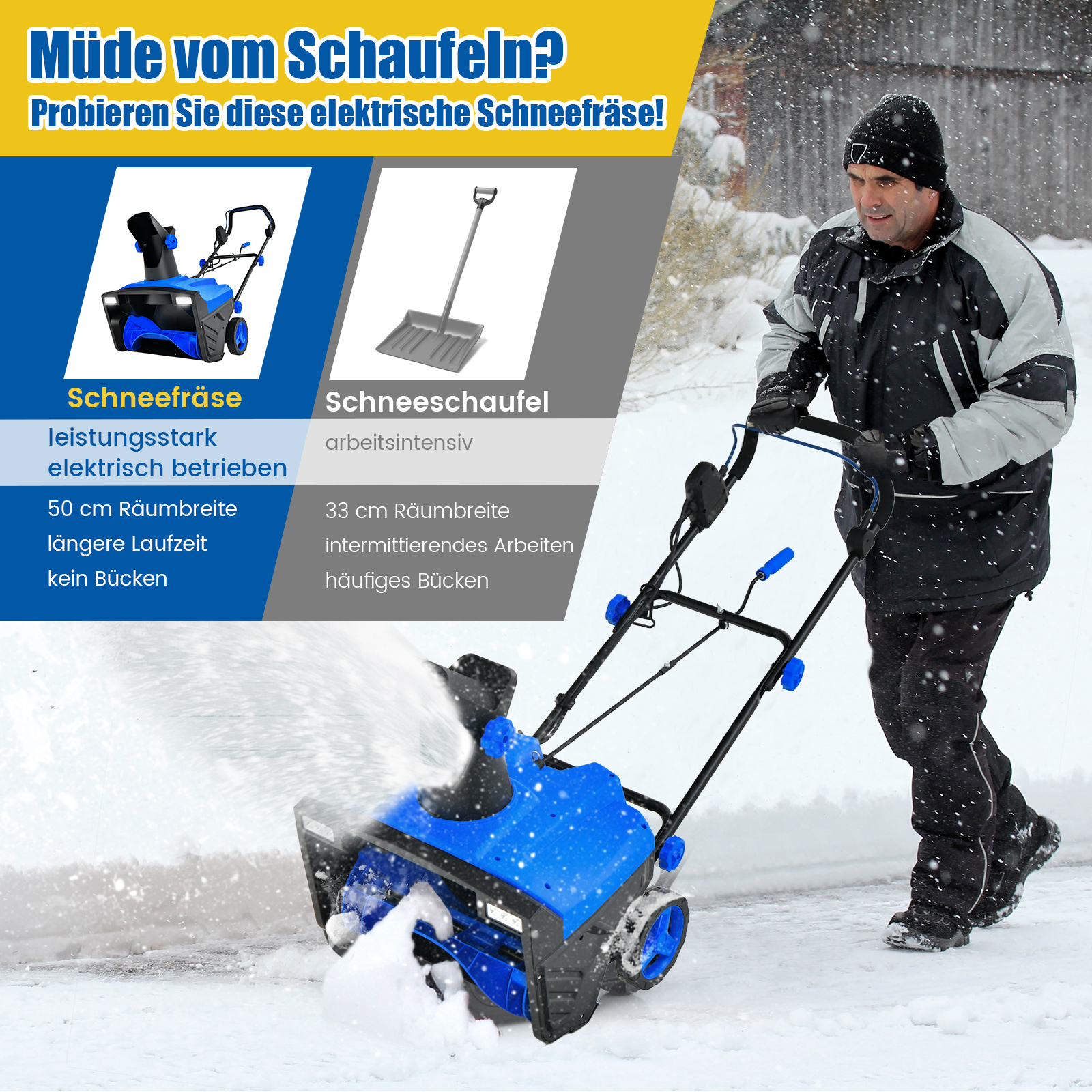 Mann bedient einen blauen Schneefräser. Ein Schneeschieber wird verglichen. Schnee bedeckt den Boden.