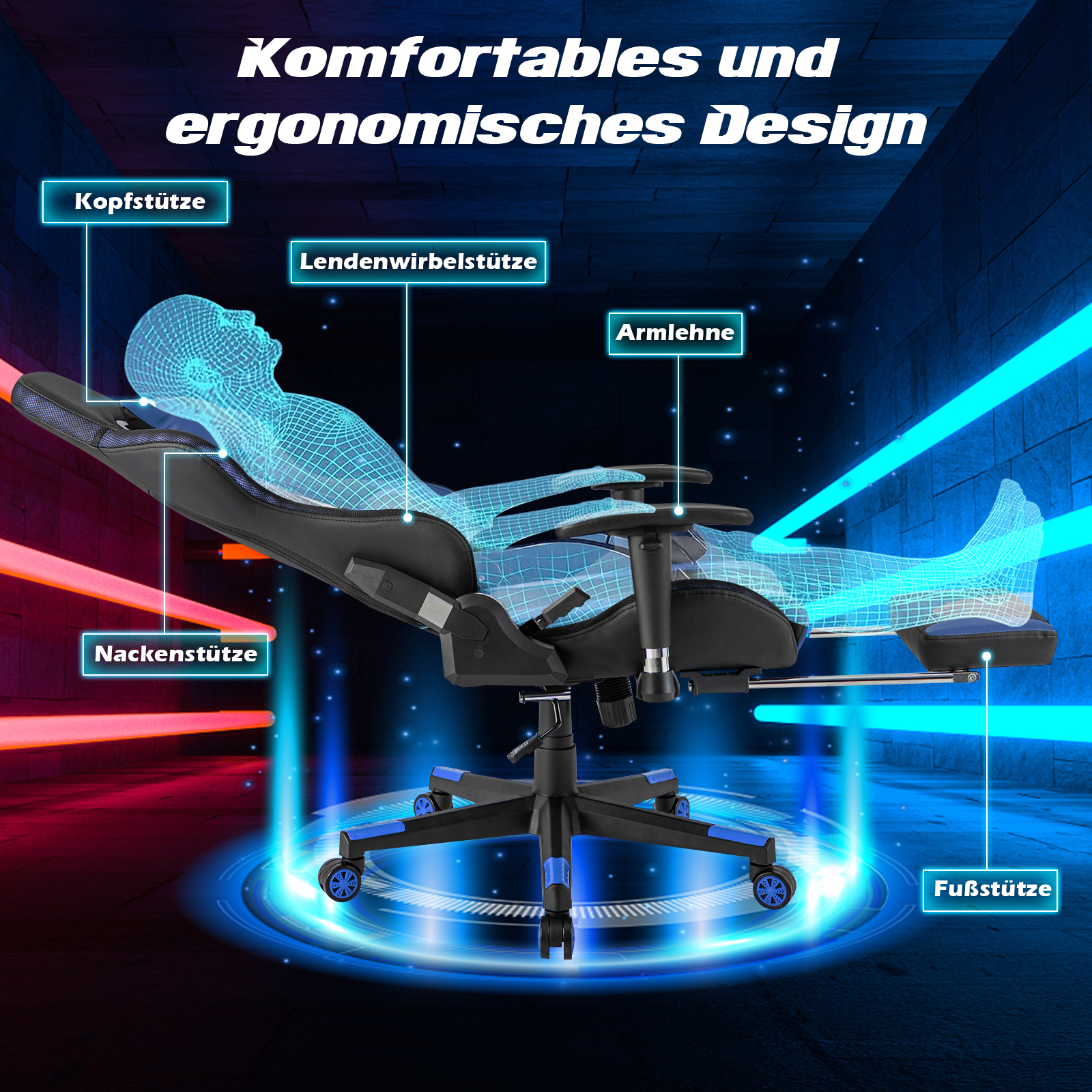 Ergonomischer Gaming-Stuhl mit Beschriftungen, blauer Hintergrund.