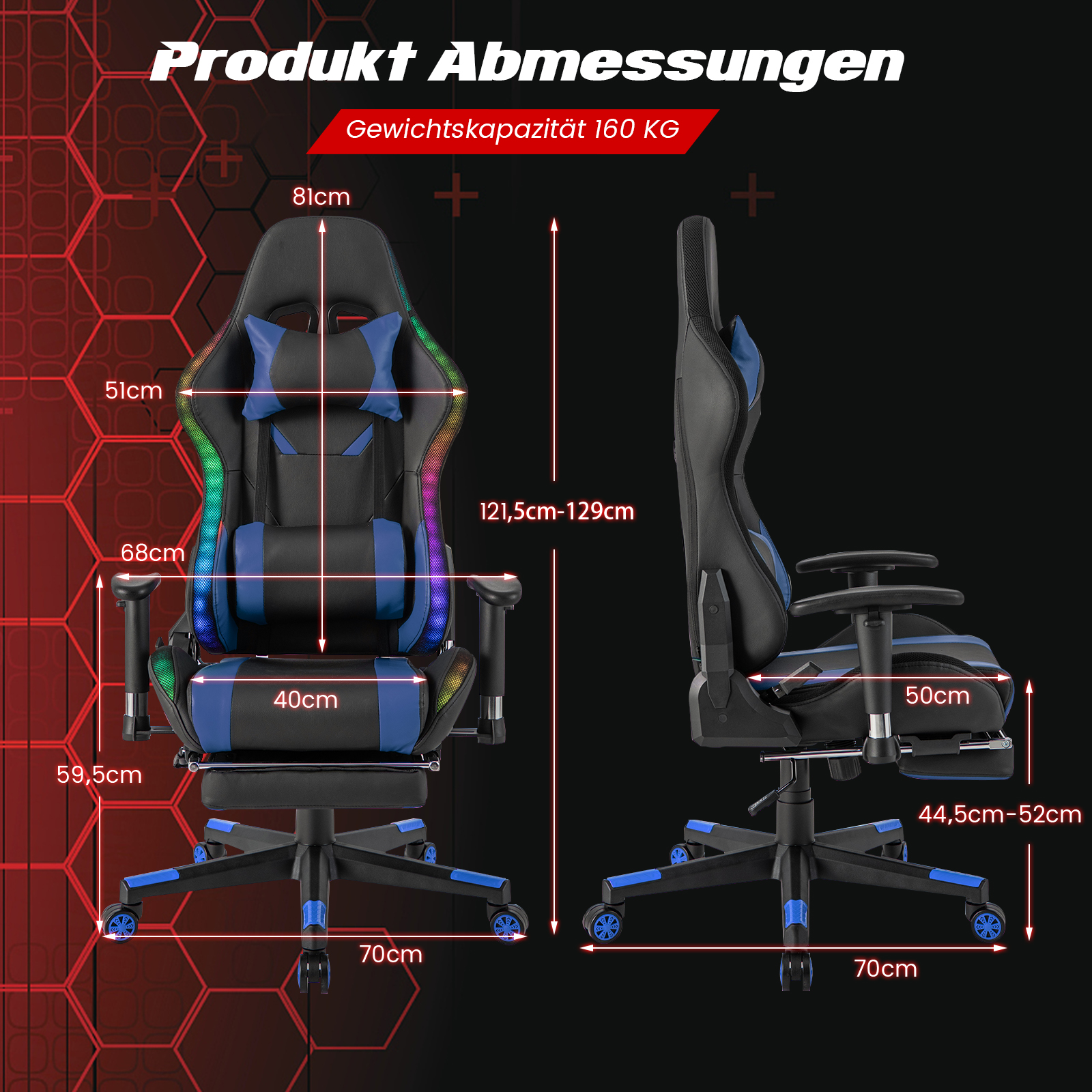 Gaming-Stuhl mit blauem und schwarzem Design, Maße sind mit Pfeilen angezeigt.