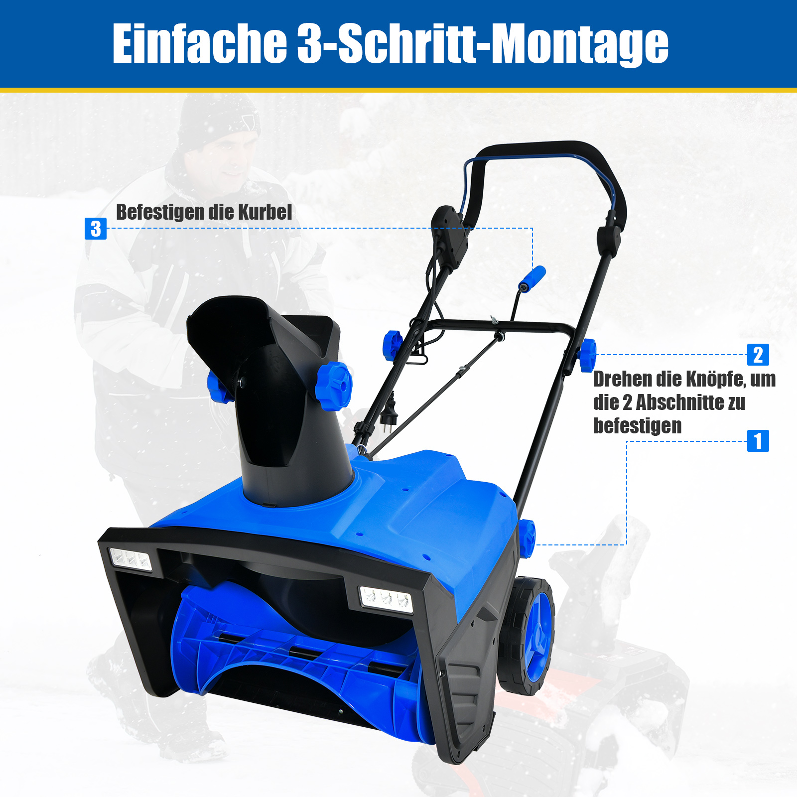 Schneefräse mit blauen und schwarzen Komponenten. Montageanleitung auf Deutsch.