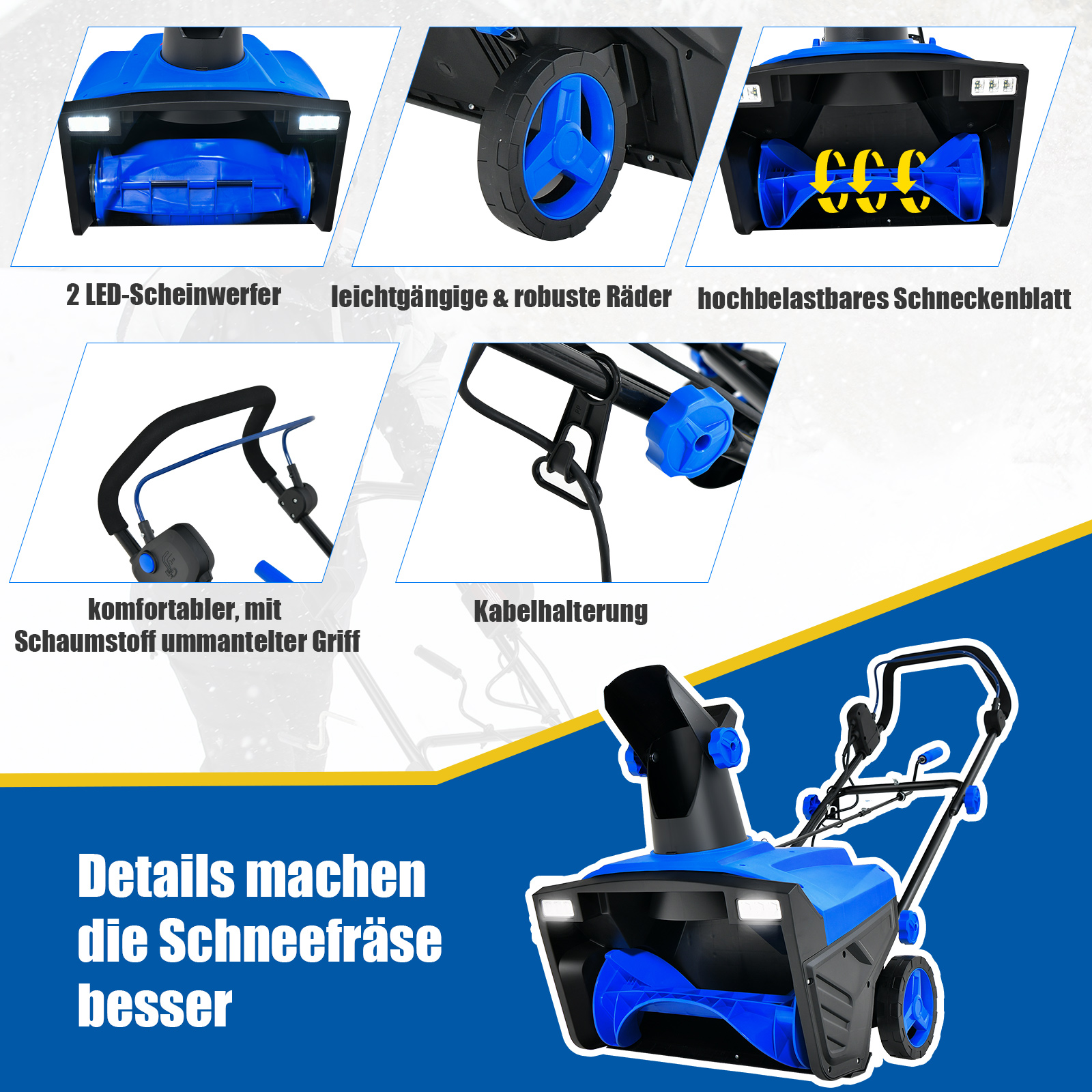 Blau-schwarze Schneefräse mit Lichtern. Text: Details machen die Schneefräse besser.