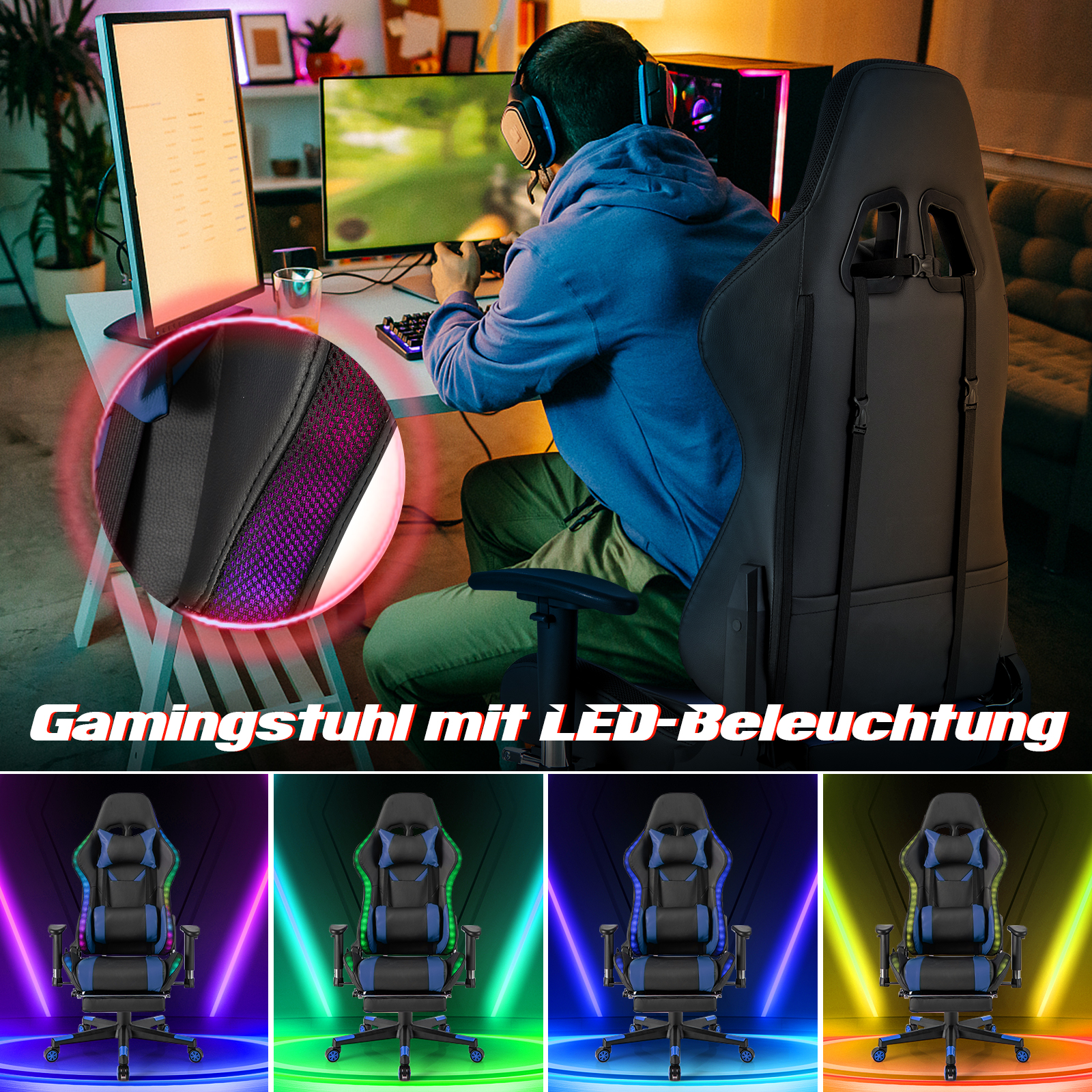 Ein Gamer mit Headset spielt am PC. Gaming-Stuhl mit LED-Beleuchtung im Vordergrund.