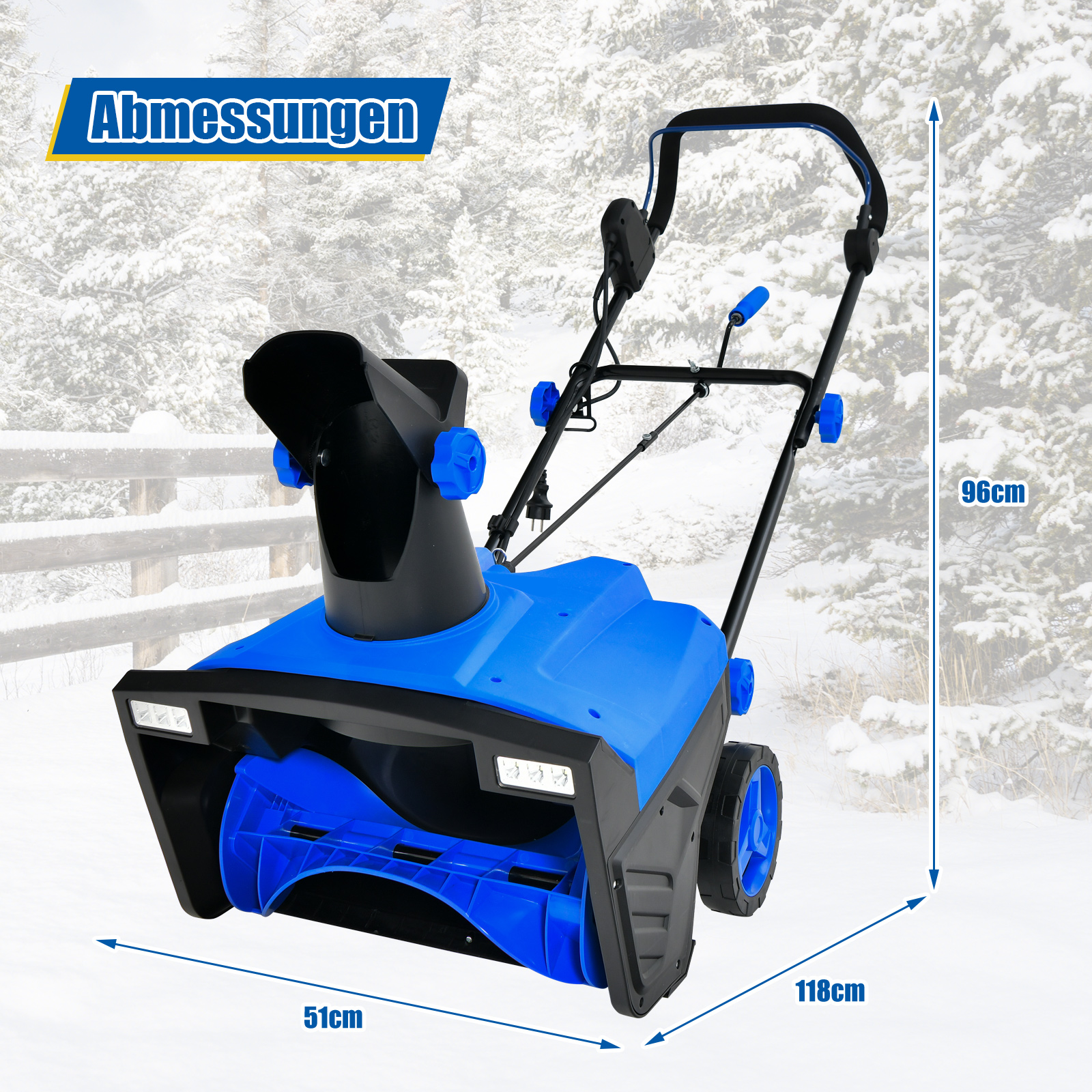 Blau-schwarze Schneefräse mit Maßangaben. Schneebedeckter Hintergrund.