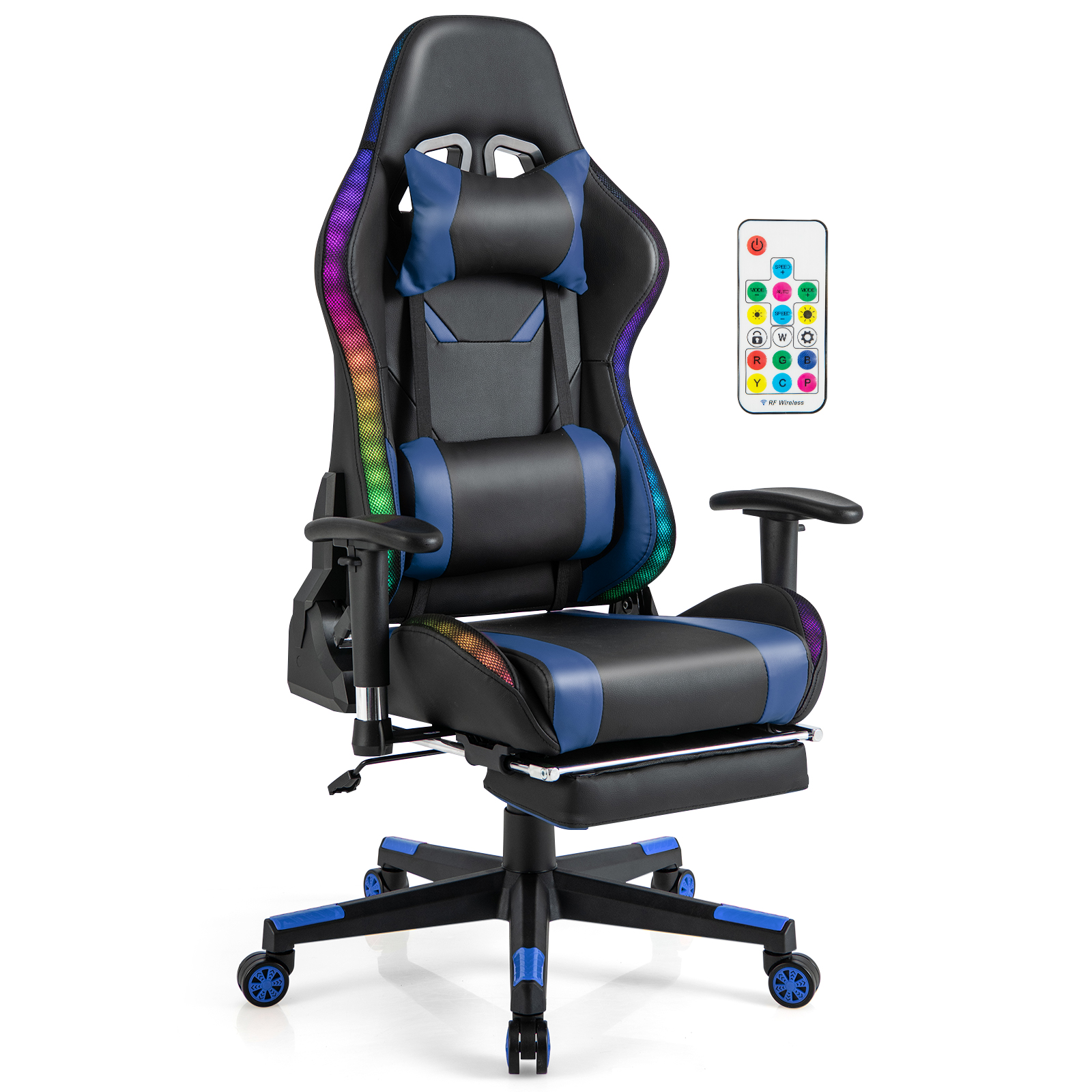 Gaming-Stuhl mit blauen und schwarzen Akzenten, Fernbedienung. Stuhl hat LED-Leuchten.